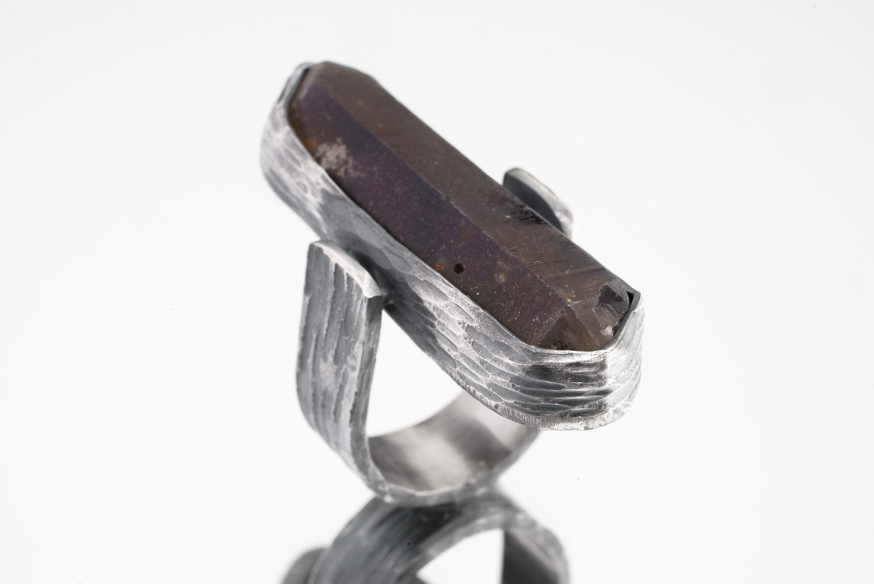 Australian Double terminated Smoky Quartz- Comfortable Crystal Ring - Size 7 1/2 US - 925 Sterling Silver - Abstract Textured & Oxidised