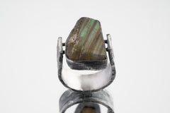 Raw Rainbow Labradorite - Rustic Comfortable Crystal Ring - Size 8 1/2 US - 925 Sterling Silver - Abstract Textured & Oxidised