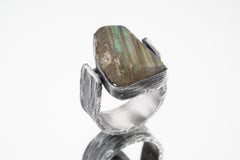 Raw Rainbow Labradorite - Rustic Comfortable Crystal Ring - Size 8 1/2 US - 925 Sterling Silver - Abstract Textured & Oxidised