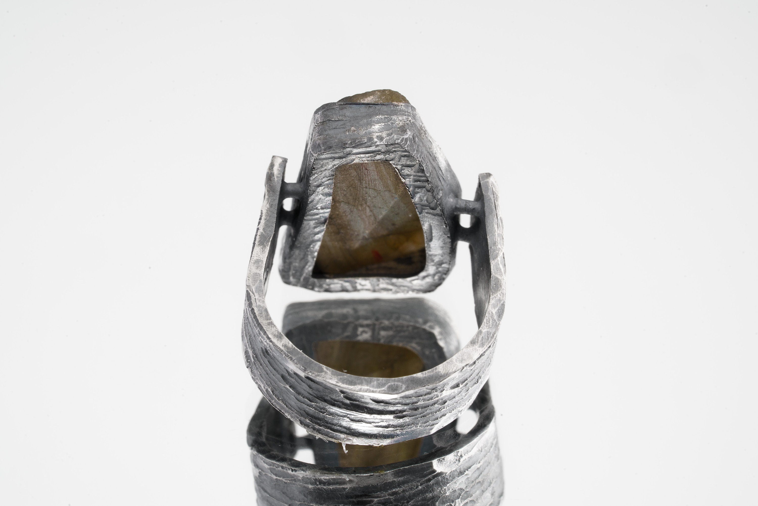 Raw Rainbow Labradorite - Rustic Comfortable Crystal Ring - Size 8 1/2 US - 925 Sterling Silver - Abstract Textured & Oxidised