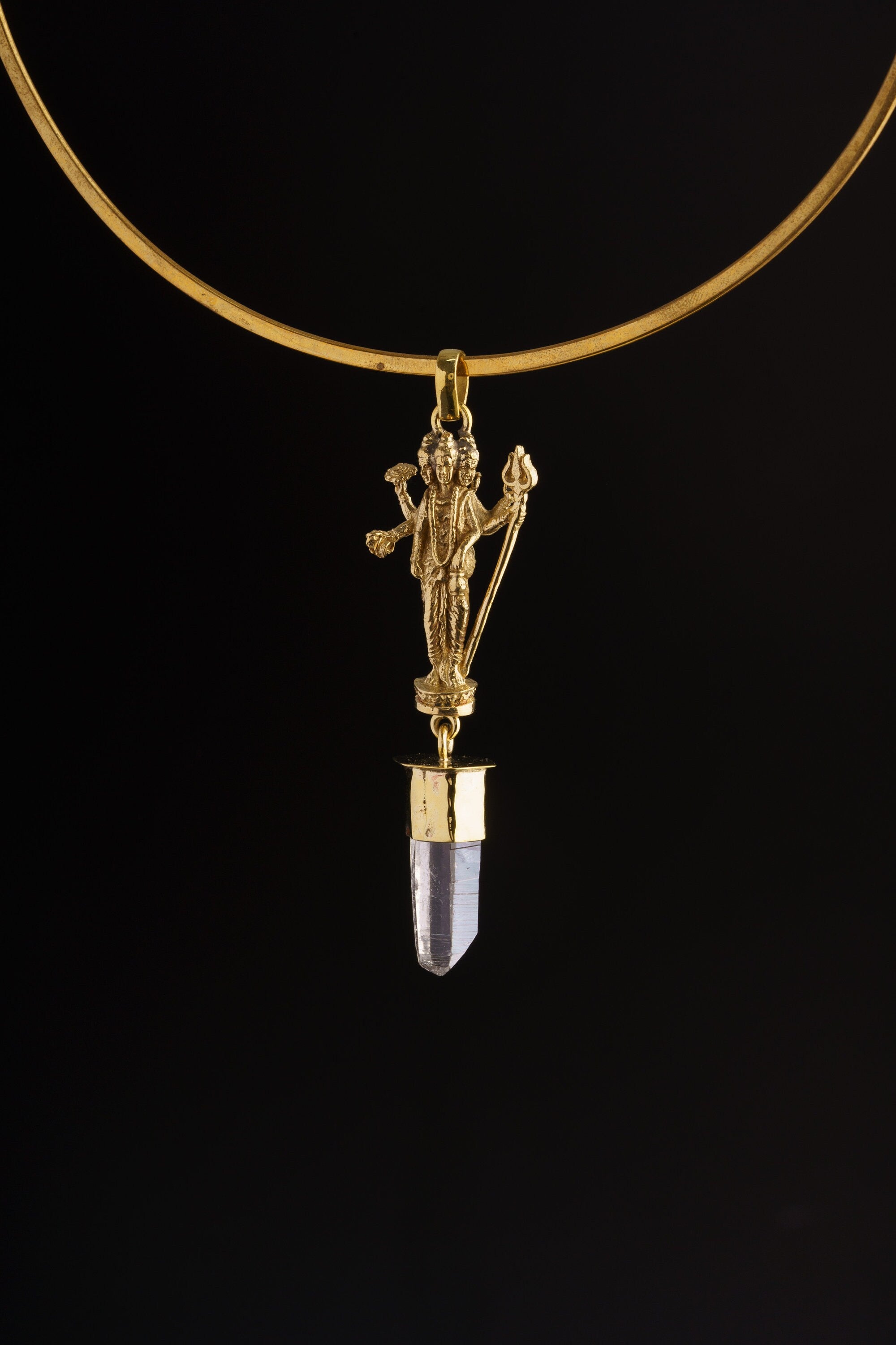 Himalayan Specialty Quartz - Hammered Golden Brass Set - Multi Head Shiva Cast - Robust Dangling Talisman Pendant