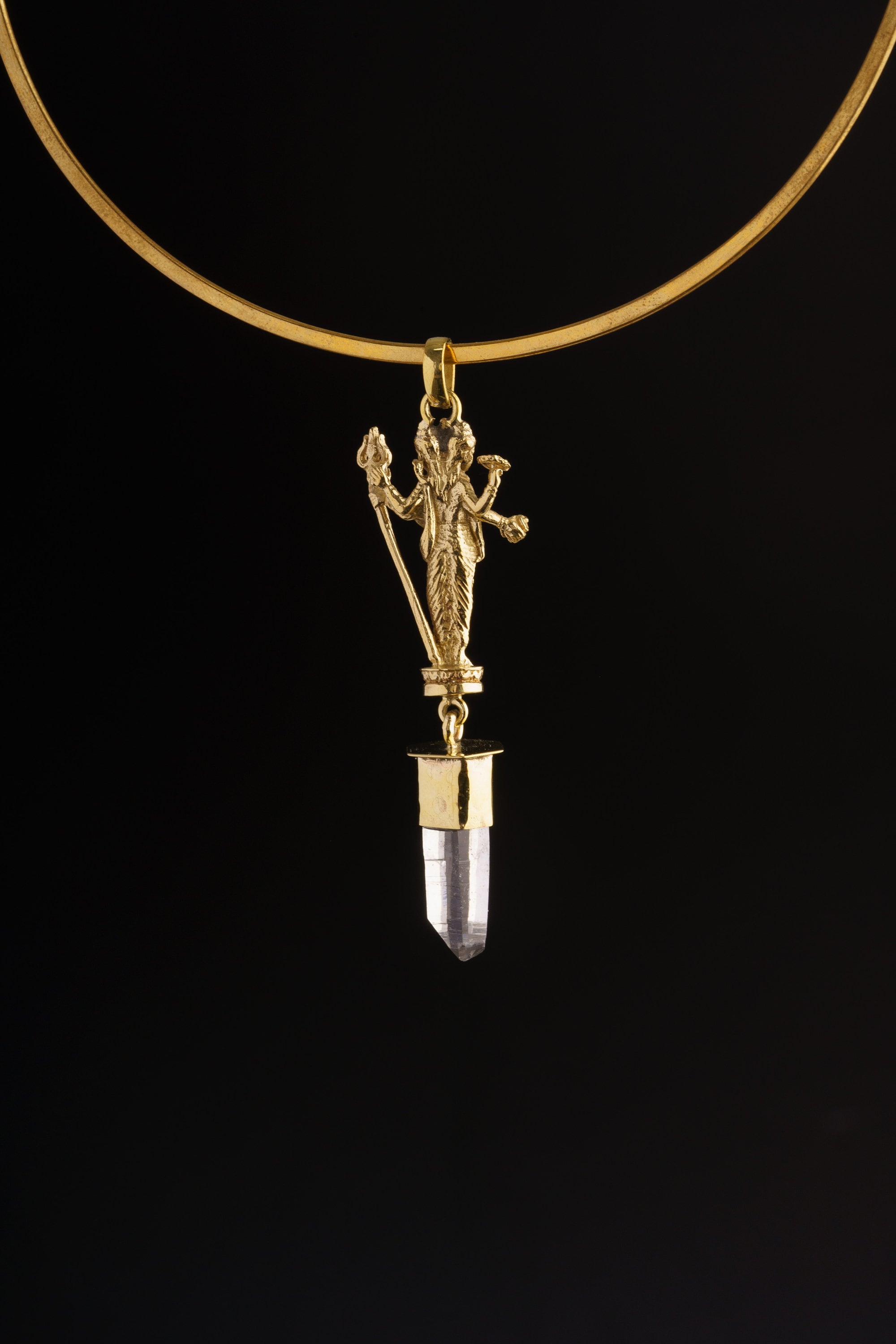 Himalayan Specialty Quartz - Hammered Golden Brass Set - Multi Head Shiva Cast - Robust Dangling Talisman Pendant