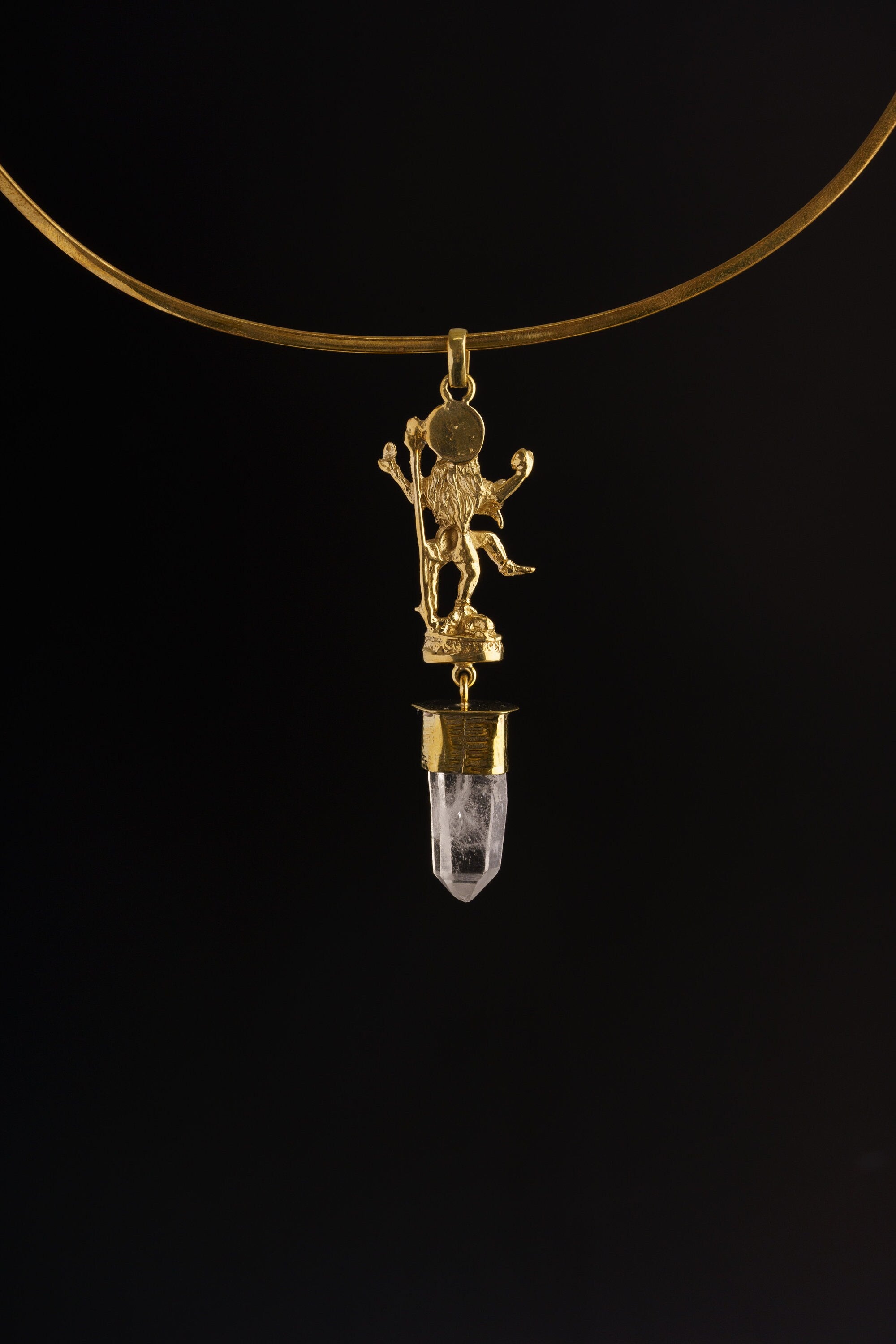 Dancing Shiva Cast in Gold Plated Brass Necklace - Himalayan Quartz Point Talisman , Unique Line Texture, Robust Dangling Pendant Design