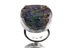 Big Raw Freeform Azurite on Matrix - Brushed & Oxidised - 925 Sterling Silver - Heavy Set Adjustable Textured Ring - Size 5-10 US