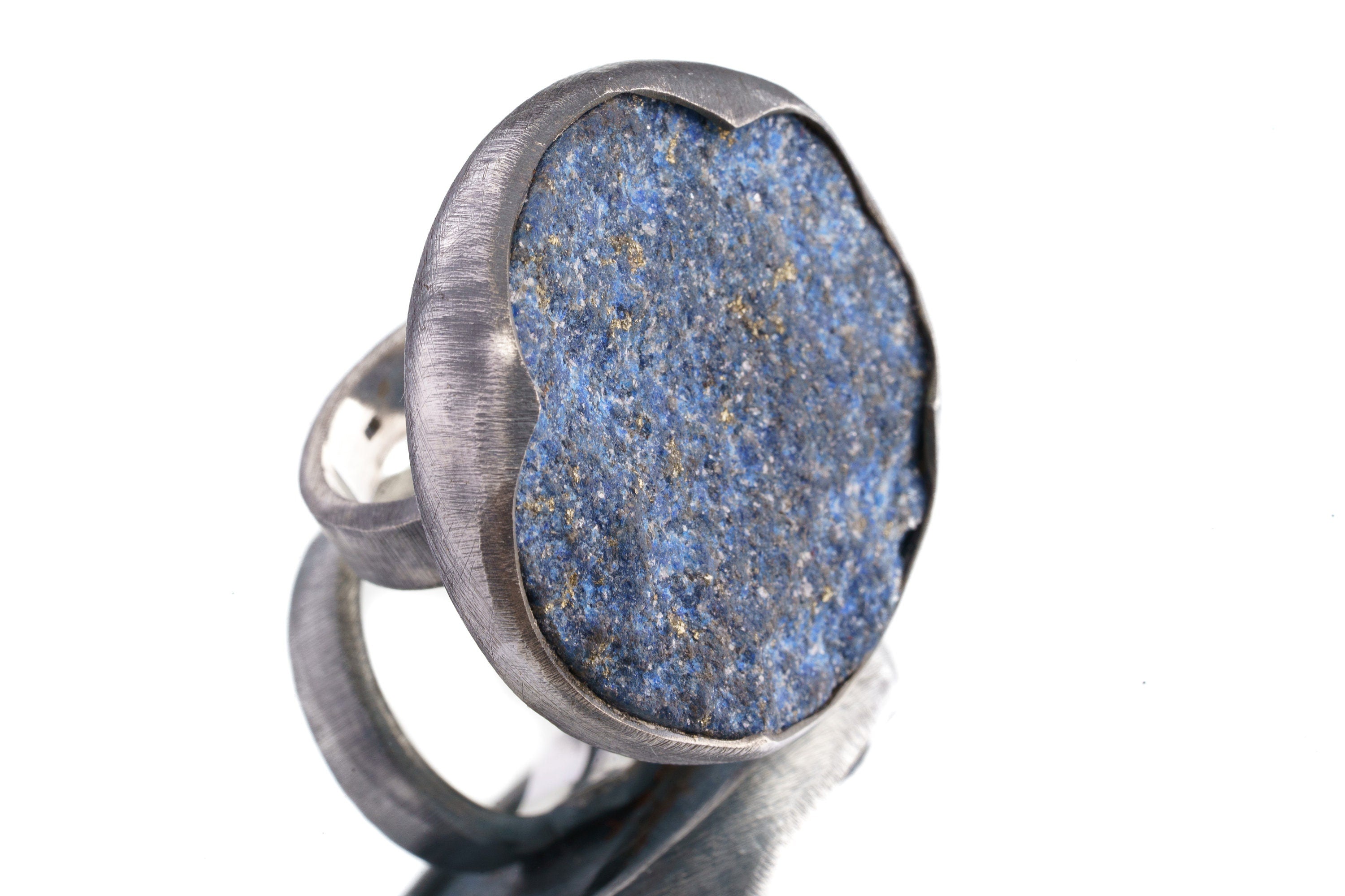 Large Raw Round Brazilian Lapiz Lazuli - Brushed & Oxidised - 925 Sterling Silver - Heavy Set Adjustable Textured Ring - Size 5-10 US