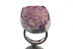 Large Chunky Raw Natural Ruby - Brushed & Oxidised - 925 Sterling Silver - Heavy Set Adjustable Textured Ring - Size 5-10 US