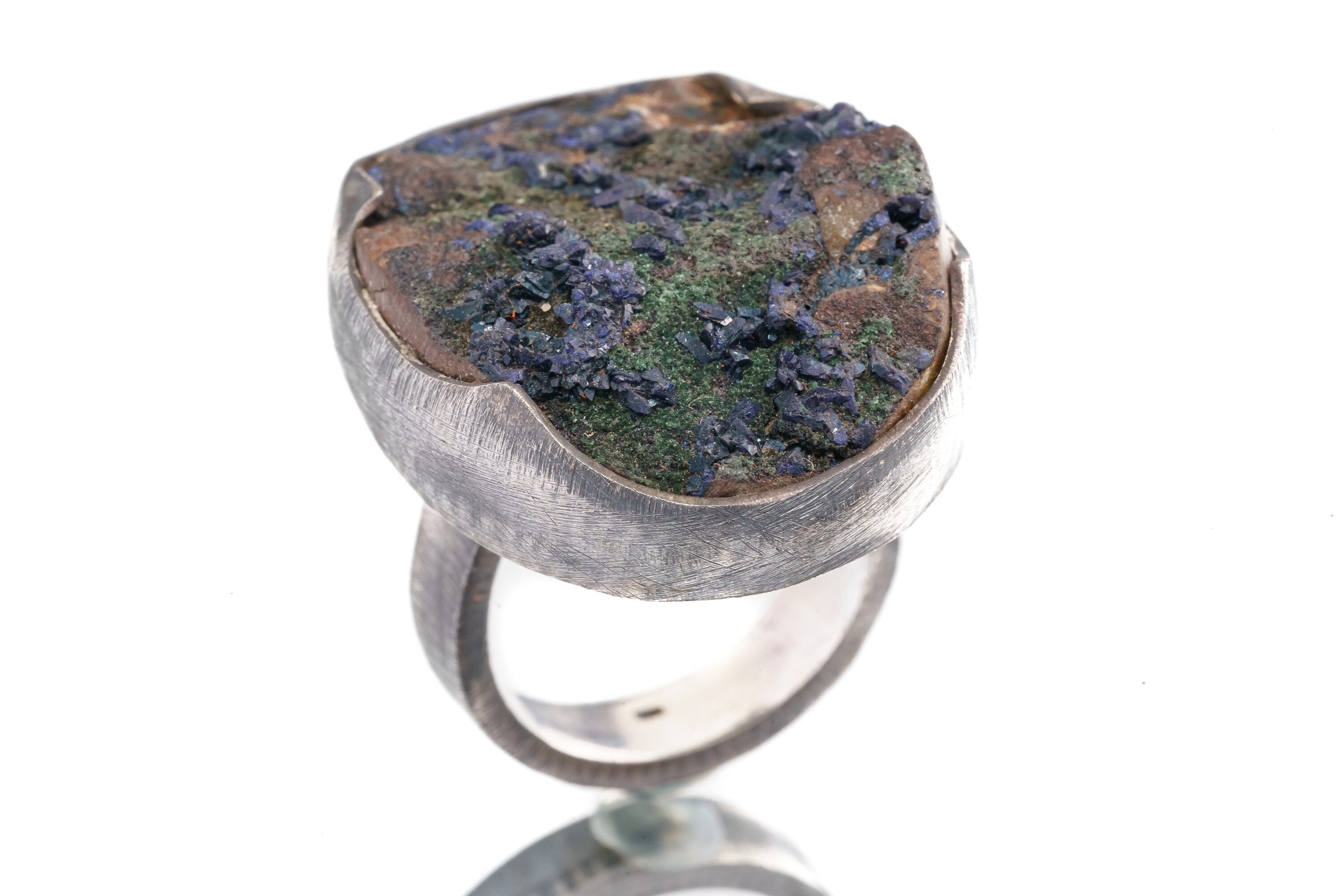 Big Raw Freeform Azurite on Matrix - Brushed & Oxidised - 925 Sterling Silver - Heavy Set Adjustable Textured Ring - Size 5-10 US