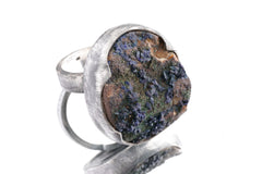 Big Raw Freeform Azurite on Matrix - Brushed & Oxidised - 925 Sterling Silver - Heavy Set Adjustable Textured Ring - Size 5-10 US