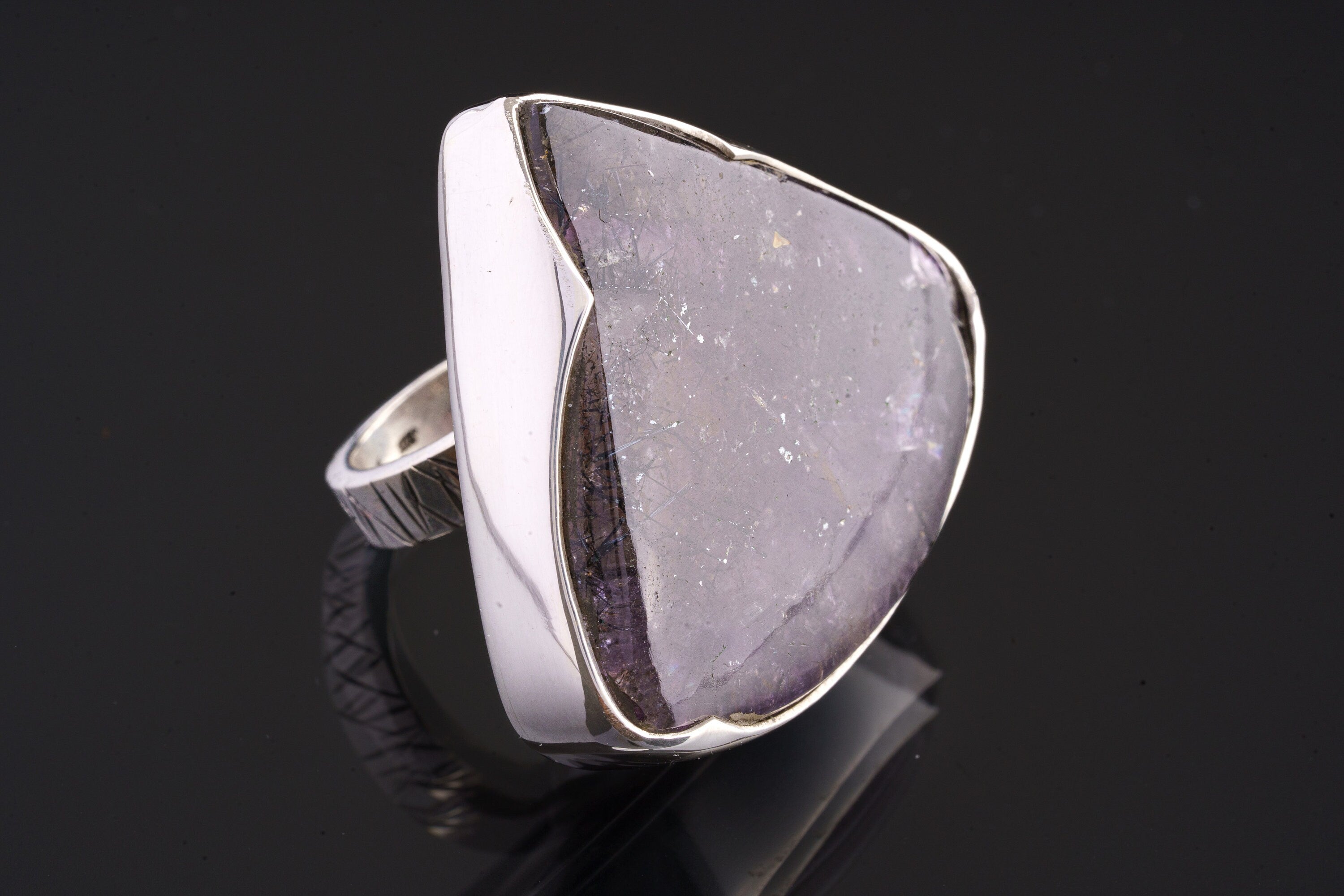 Unique Large Super Seven Quartz Triangular Cabochon Ring, Textured 925 Sterling Silver Heavy Set, Adjustable Ring, Fits Sizes 5-10 US