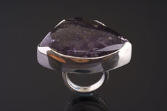 Unique Large Super Seven Quartz Triangular Cabochon Ring, Textured 925 Sterling Silver Heavy Set, Adjustable Ring, Fits Sizes 5-10 US