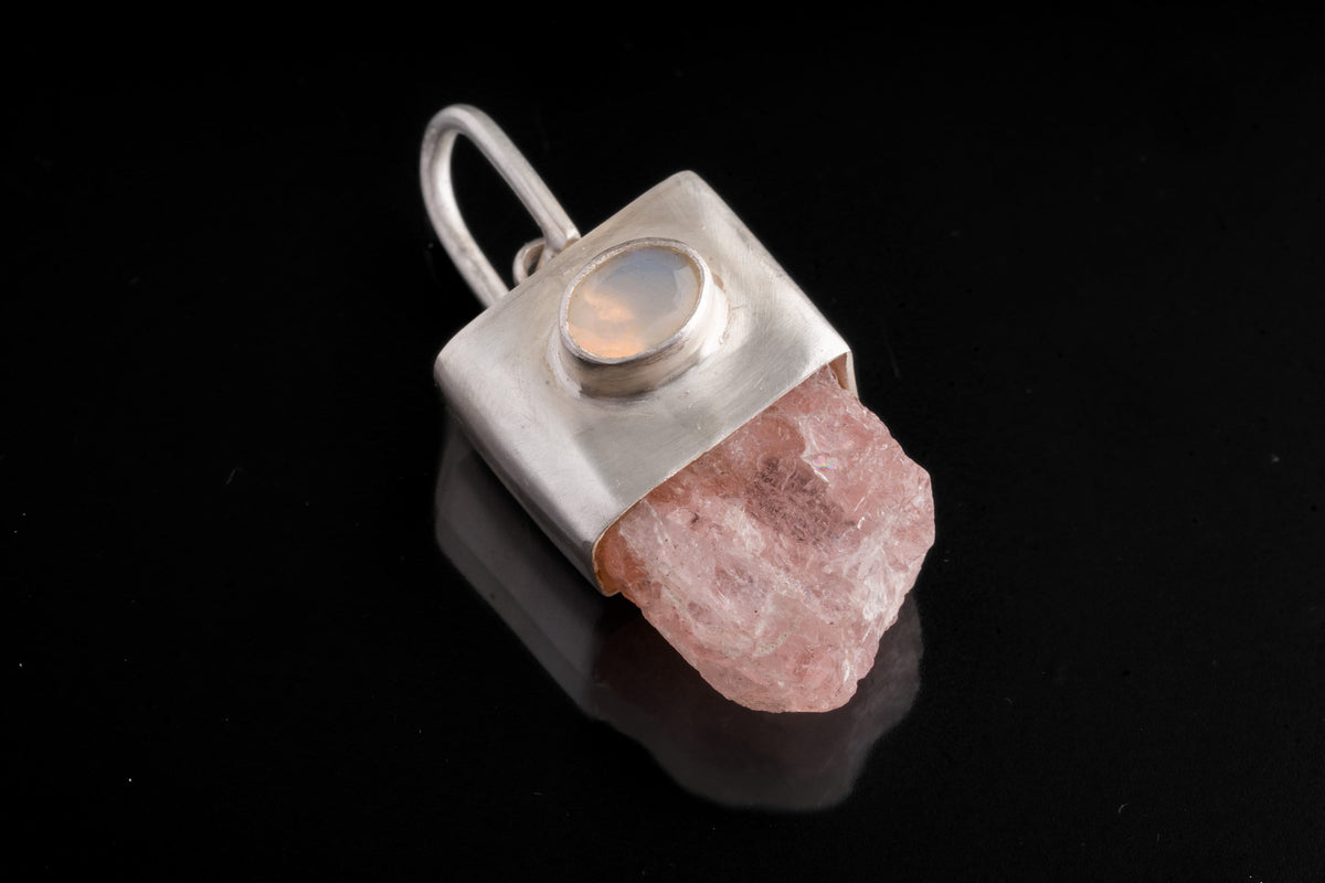 Deep Pink Kunzite with Faceted Gem Australian Opal - Matt Brushed Sterling Silver - Crystal Pendant Neckpiece NO.5