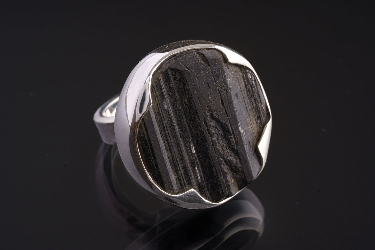 Chunky Round Raw Black Tourmaline Adjustable Crystal Ring, Textured Ring Band with Shiny Wave Bezel, Size 4-12 US, Unique Protective Charm