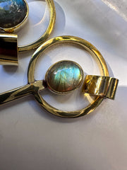 One Iridescent Blue Green Labradorite Oval - Gold plated Cast Brass Spice Spoon Pendant Necklace