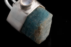 Large Australian Raw Gem Aquamarine, High grade Cats Eye Moonstone - Matt Brushed Sterling Silver - Crystal Pendant Neckpiece NO.4