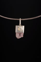 Deep Pink Kunzite with Faceted Gem Australian Opal - Matt Brushed Sterling Silver - Crystal Pendant Neckpiece NO.5