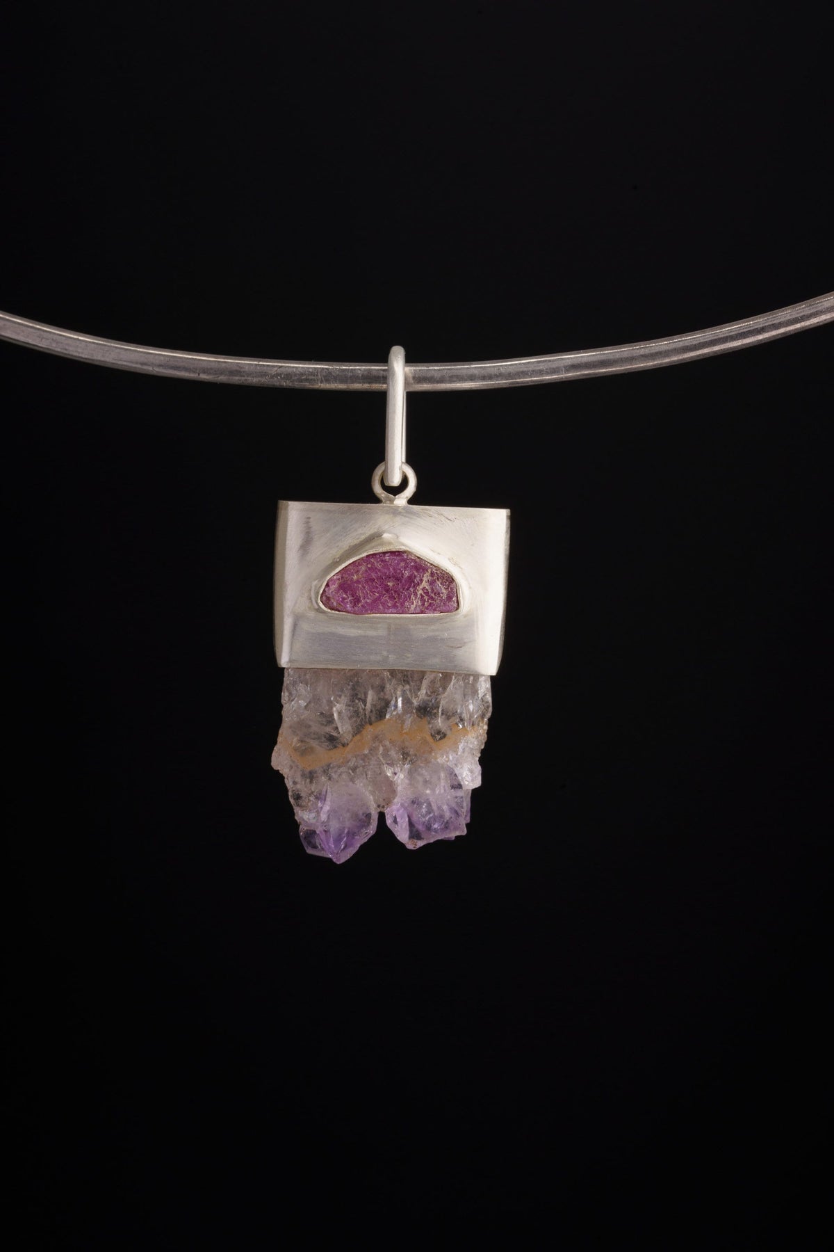 Beautiful Amethyst Geode Slice Adorned with Raw Gem Ruby Pendant, Robust Matt Brushed Sterling Silver Crystal Neckpiece with Specimen Stones