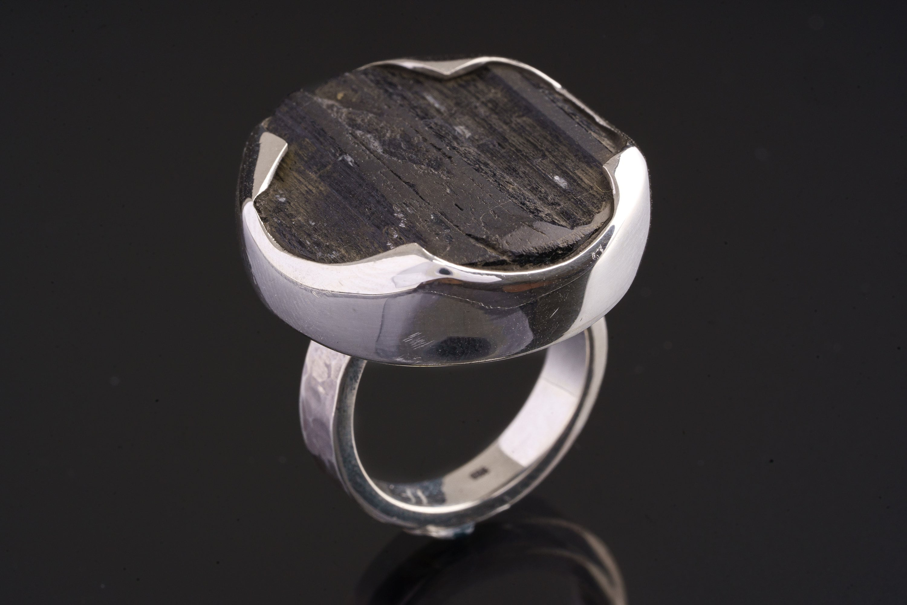 Chunky Round Raw Black Tourmaline Adjustable Crystal Ring, Textured Ring Band with Shiny Wave Bezel, Size 4-12 US, Unique Protective Charm