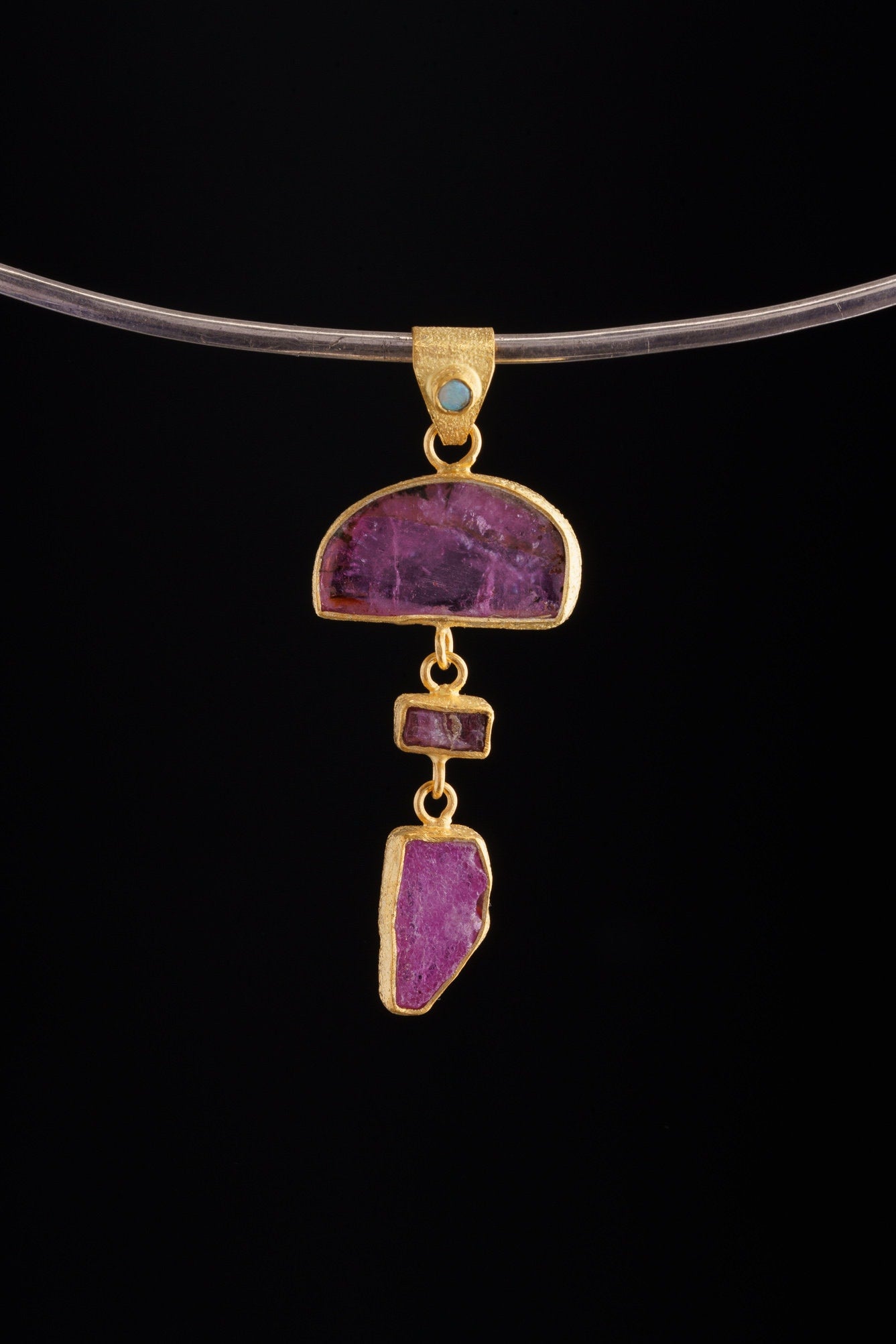 Gold-Plated Sterling Silver Crystal Pendant with Polished Brazilian Rubellite Tourmaline Slice and Raw Gem Ruby, Lux Boho Sand Texture Charm