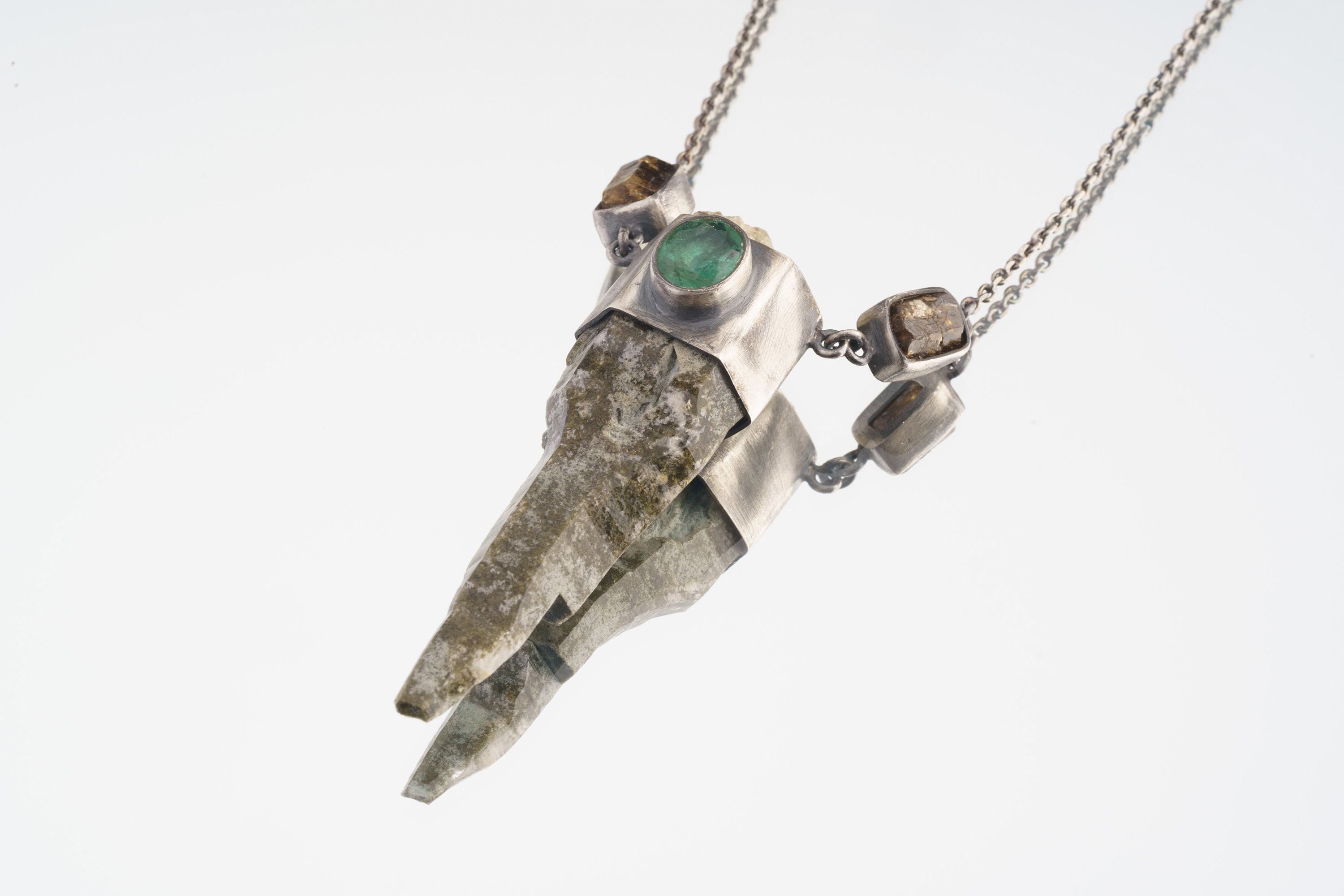 Himalayan Harmony Faceted Emerald, Dravite Tourmaline & Skeletal DT Chloride Quartz Pendant in Oxidized Sterling Silver