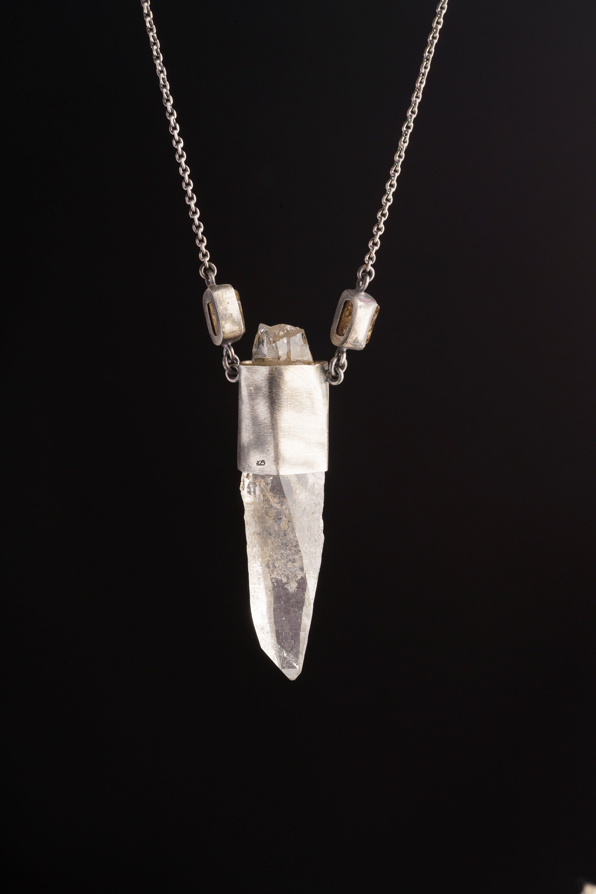 Unique Pendant with Red Kyanite, Dravite Tourmaline, and a Large Himalayan Laser Lemurian Quartz on a 16-Inch Oxidized Sterling Silver Chain