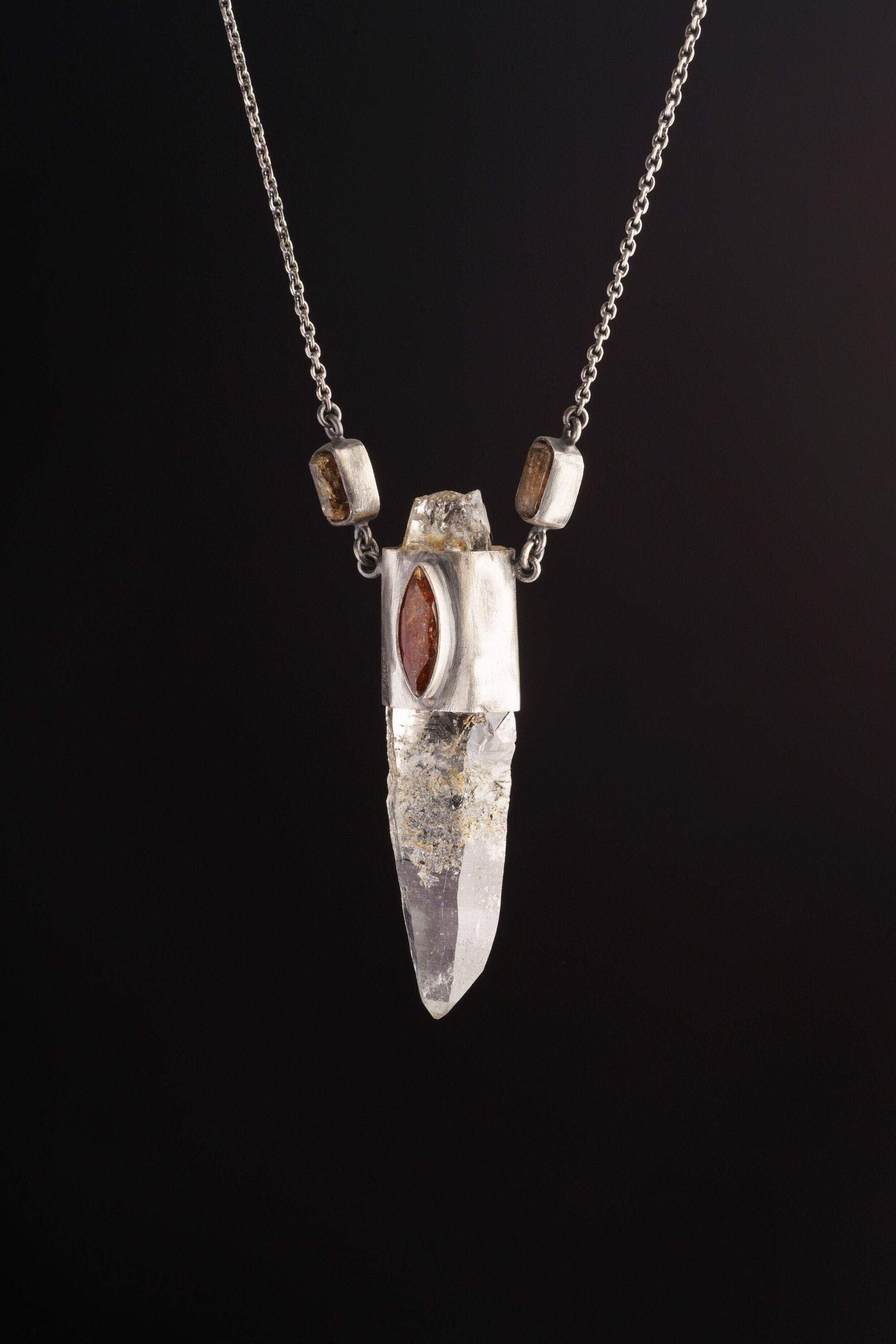 Unique Pendant with Red Kyanite, Dravite Tourmaline, and a Large Himalayan Laser Lemurian Quartz on a 16-Inch Oxidized Sterling Silver Chain