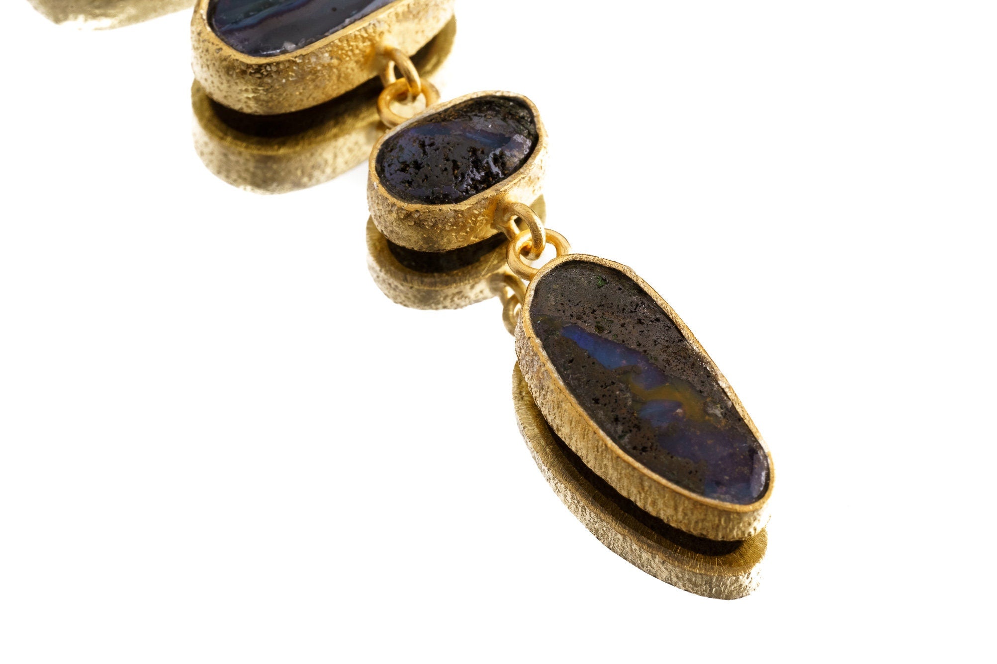 Dangling Necklace Featuring Four Australian Boulder Opals Crowned with Gemmy Black Opal, Sand Textured Gold-Plated Sterling Silver Pendant