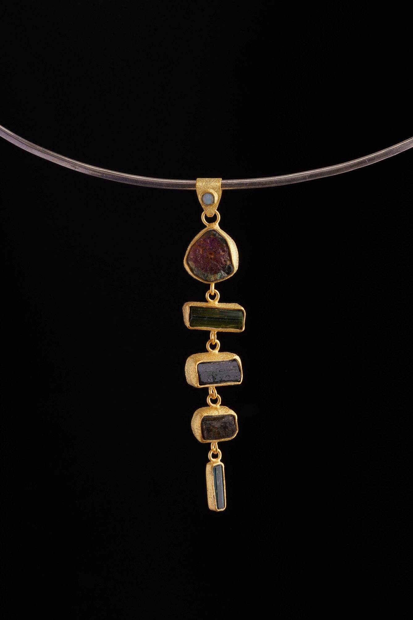 Rainbow Tourmaline Pendant in Textured 18 Carat Gold-Plated Sterling Silver, Six Unique Gemmy Tourmaline Crystals, Dangling Gold Charm