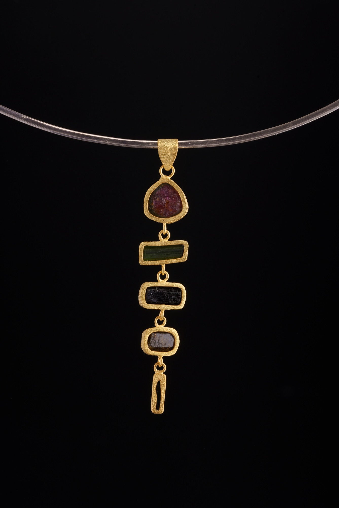 Rainbow Tourmaline Pendant in Textured 18 Carat Gold-Plated Sterling Silver, Six Unique Gemmy Tourmaline Crystals, Dangling Gold Charm