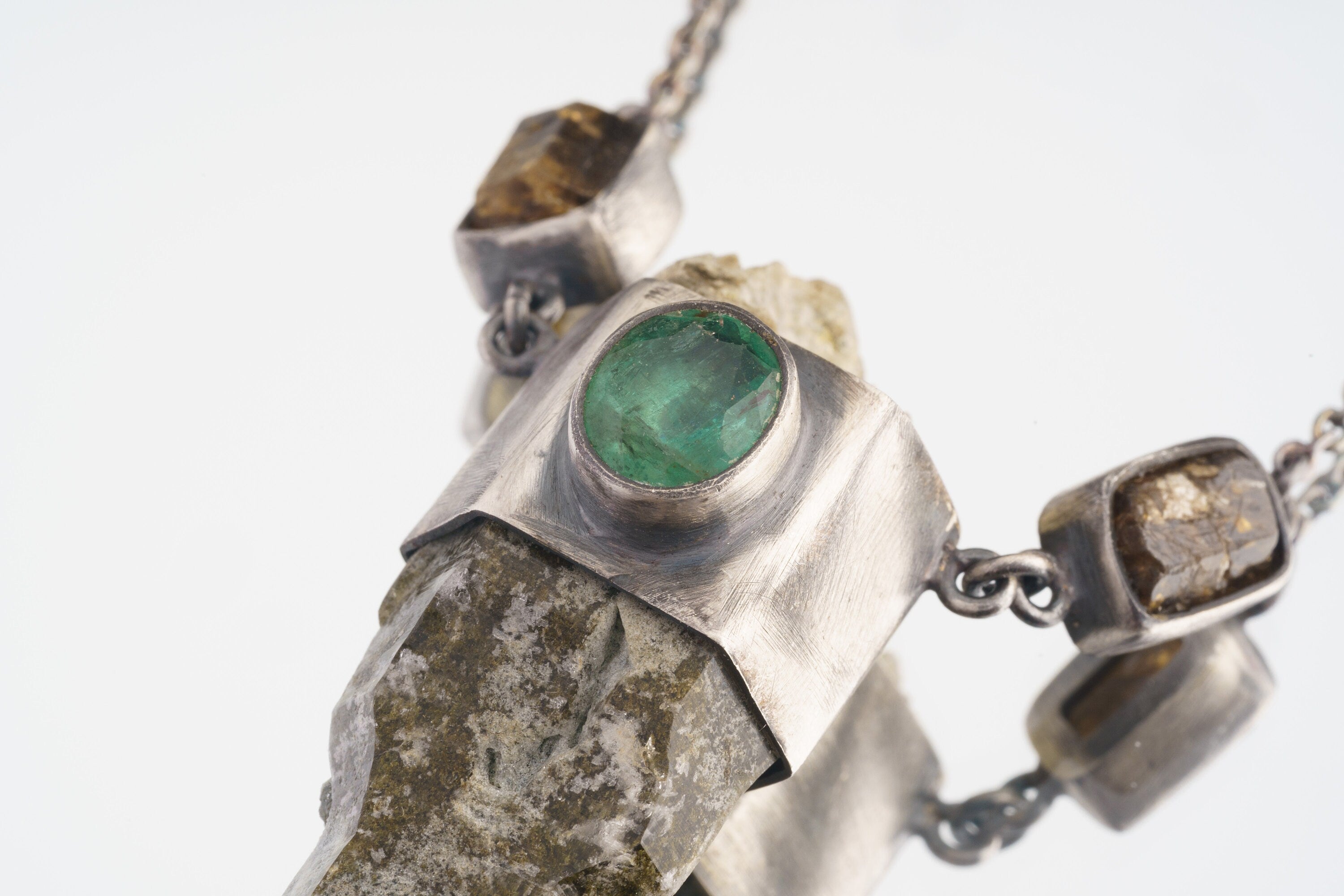 Himalayan Harmony Faceted Emerald, Dravite Tourmaline & Skeletal DT Chloride Quartz Pendant in Oxidized Sterling Silver