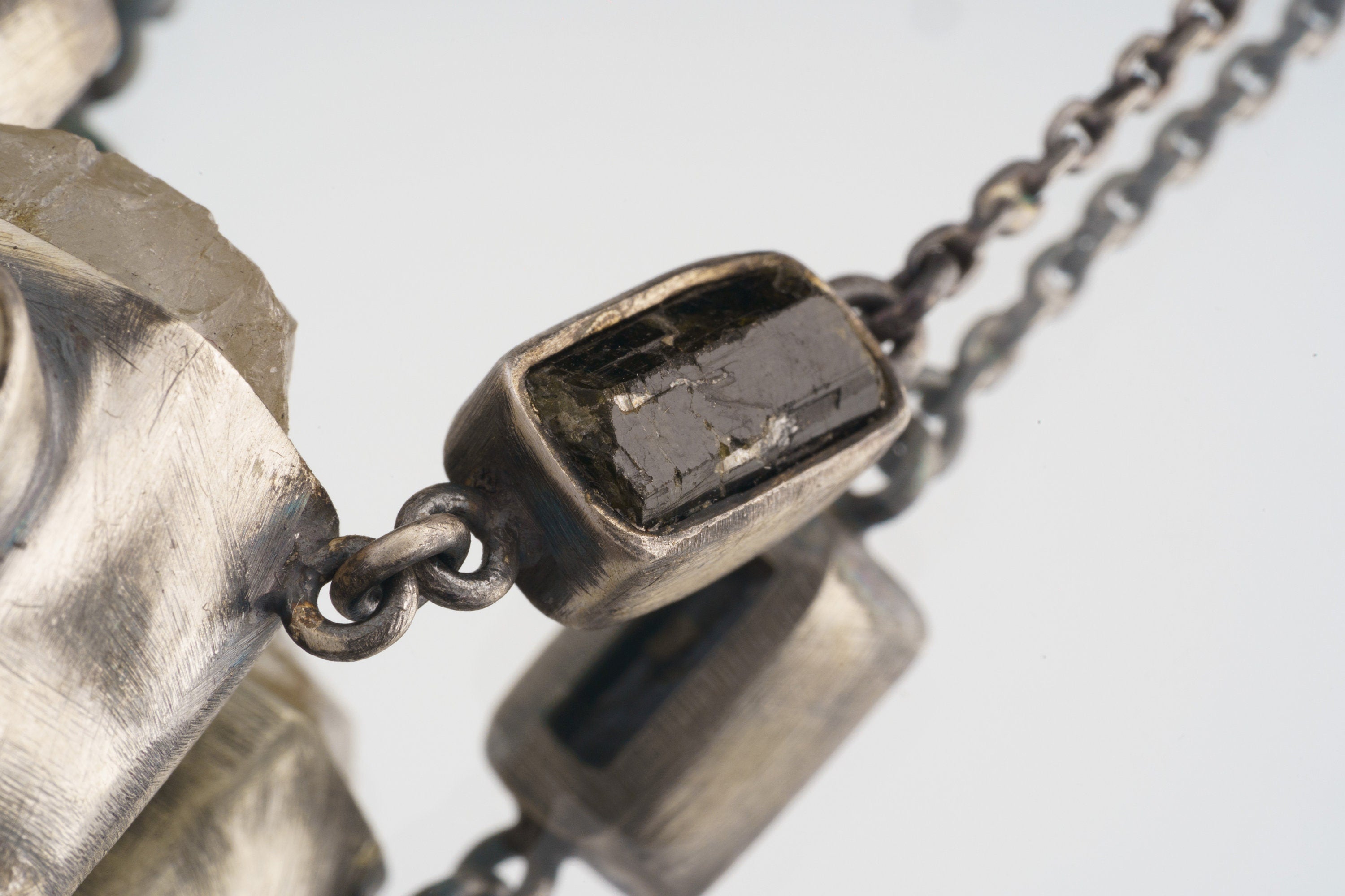 Unique Gemstone Pendant Faceted Ethiopian Opal Dravite Tourmaline & Himalayan Chlorite Lemurian Quartz in Oxidized Sterling Silver 16" Chain