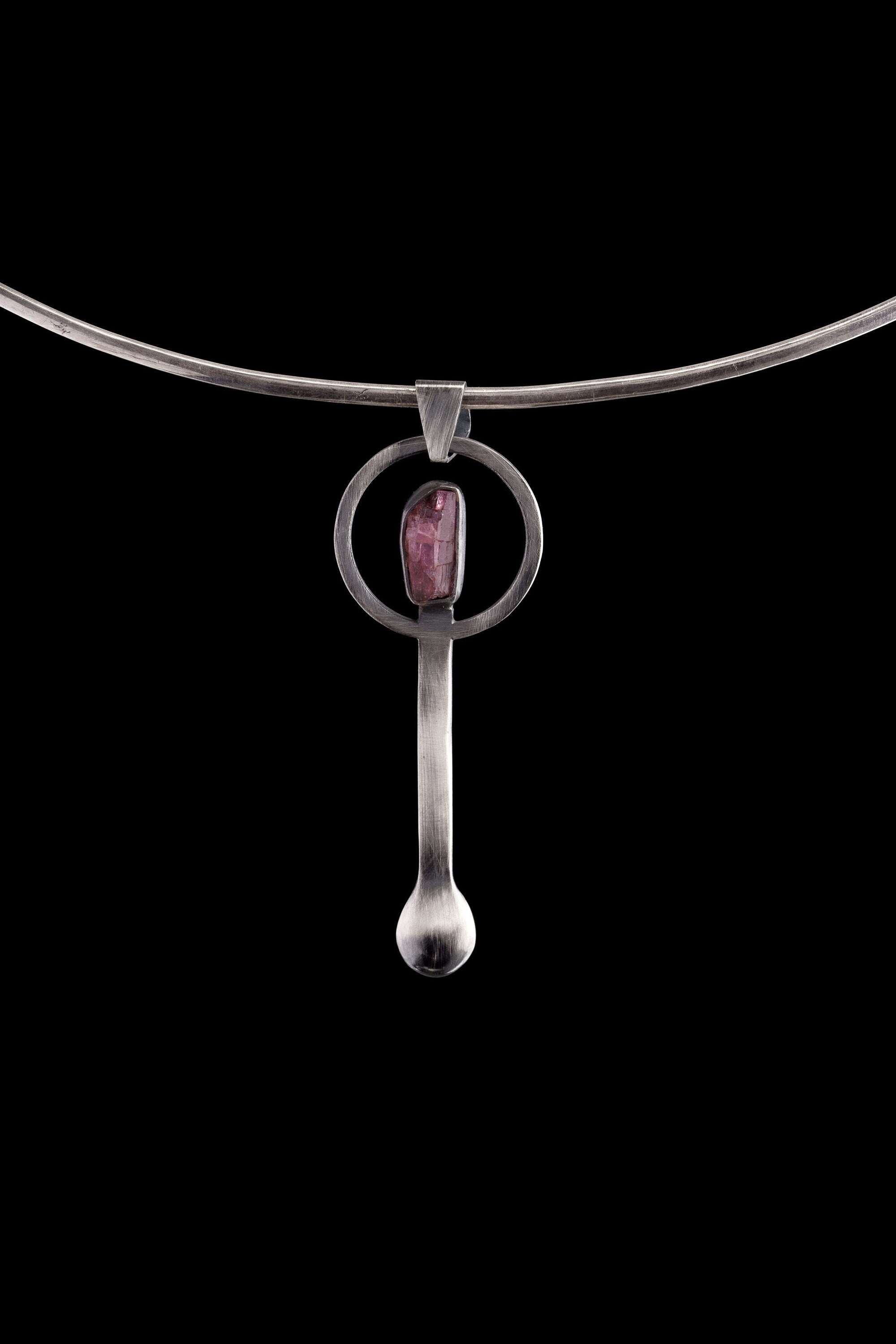 Rubilite Tourmaline - Spice / Ceremonial Spoon - 925 Cast Silver - Oxidised Brush Texture - Crystal Pendant Necklace