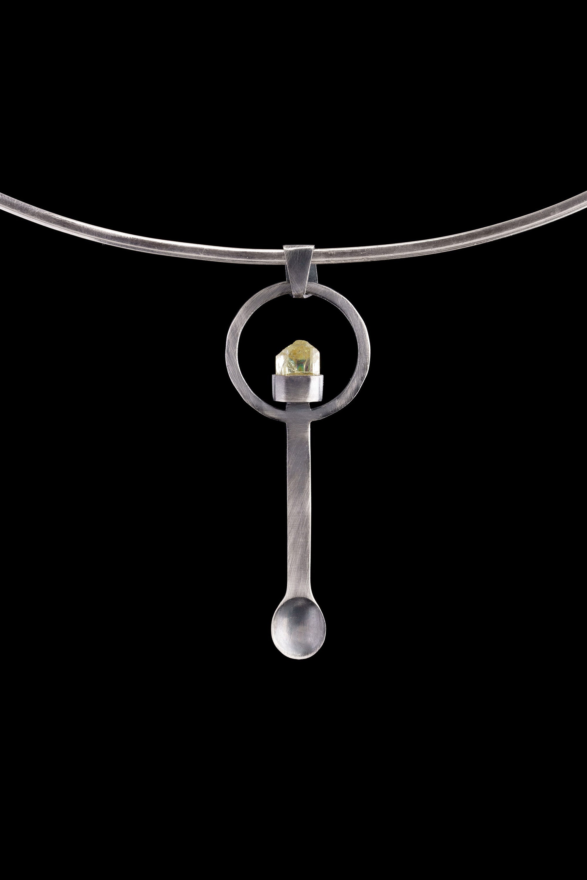 Yellow Terminated Gem Apatite - Spice / Ceremonial Spoon - 925 Cast Silver - Unique Brush Texture - Crystal Pendant Necklace