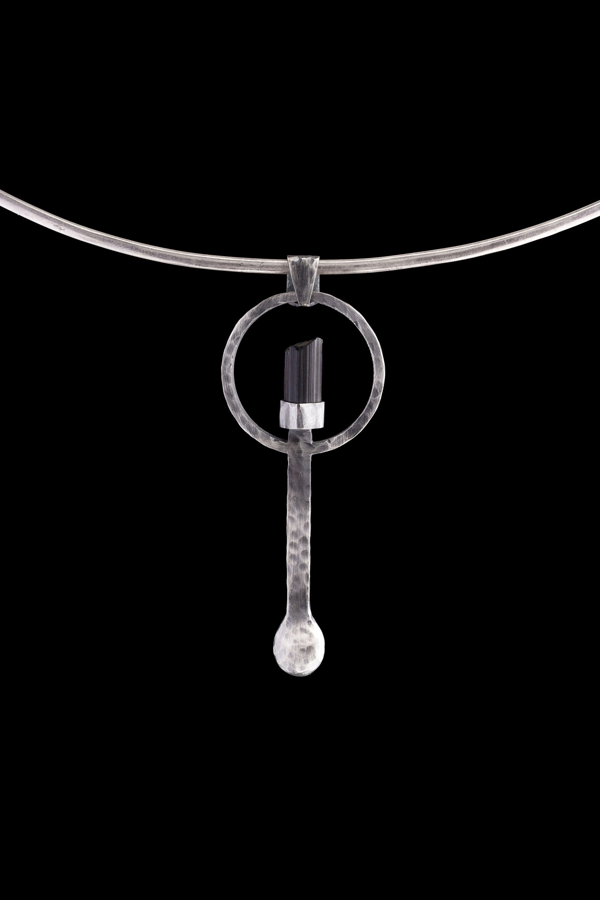 Black Tourmaline - Small Spice / Ceremonial Spoon - Solid 925 Cast Silver - Unique Hammer Textured - Crystal Pendant Necklace