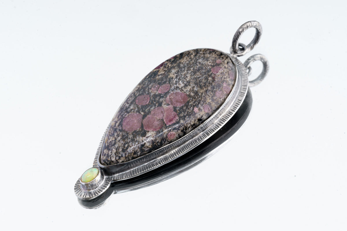 Stunning Balsa Ruby in Black Matrix and Faceted Ethiopian Opal Pendant - Oxidised Sterling Silver with Sun Ray Details