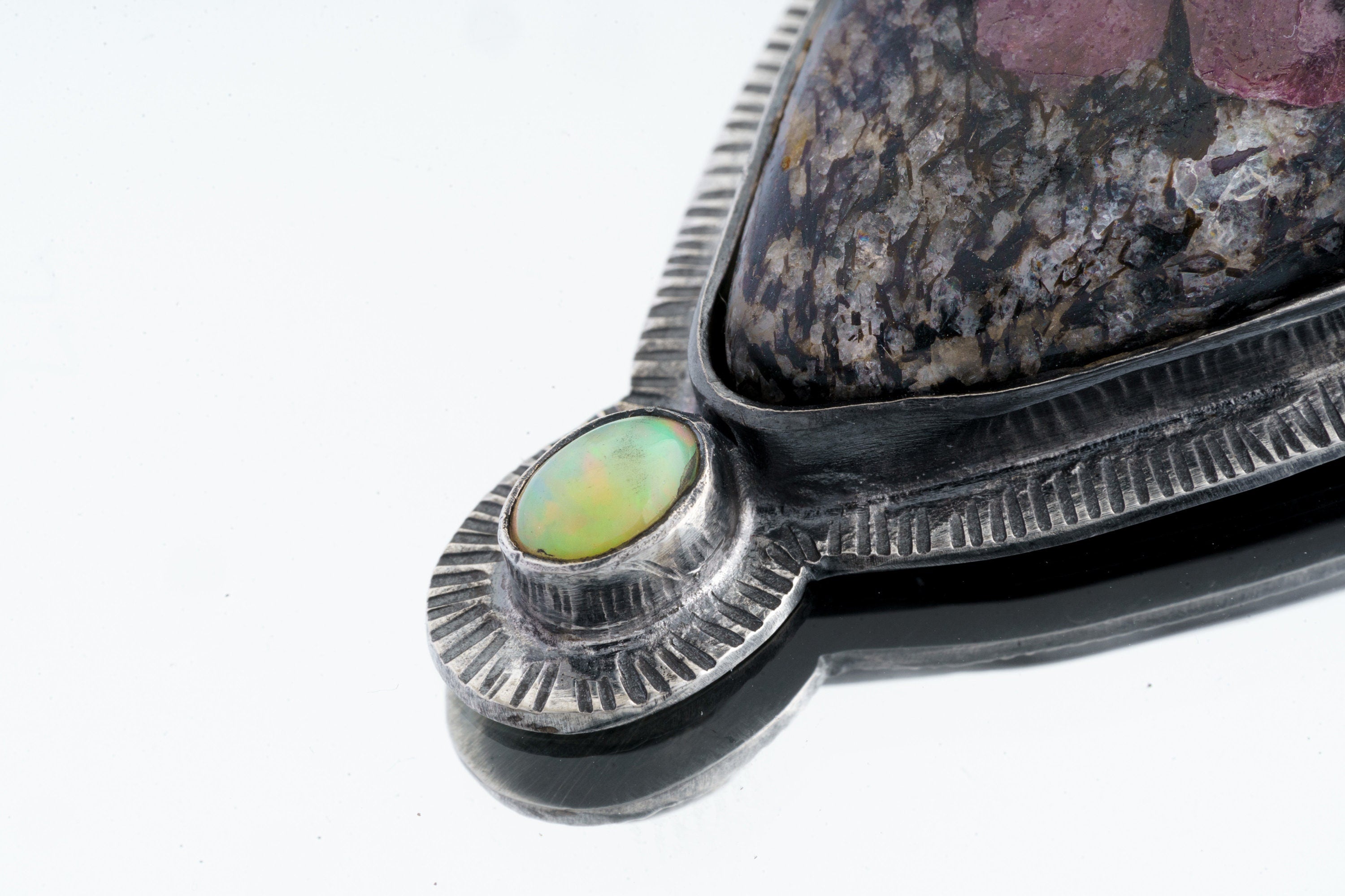 Stunning Balsa Ruby in Black Matrix and Faceted Ethiopian Opal Pendant - Oxidised Sterling Silver with Sun Ray Details