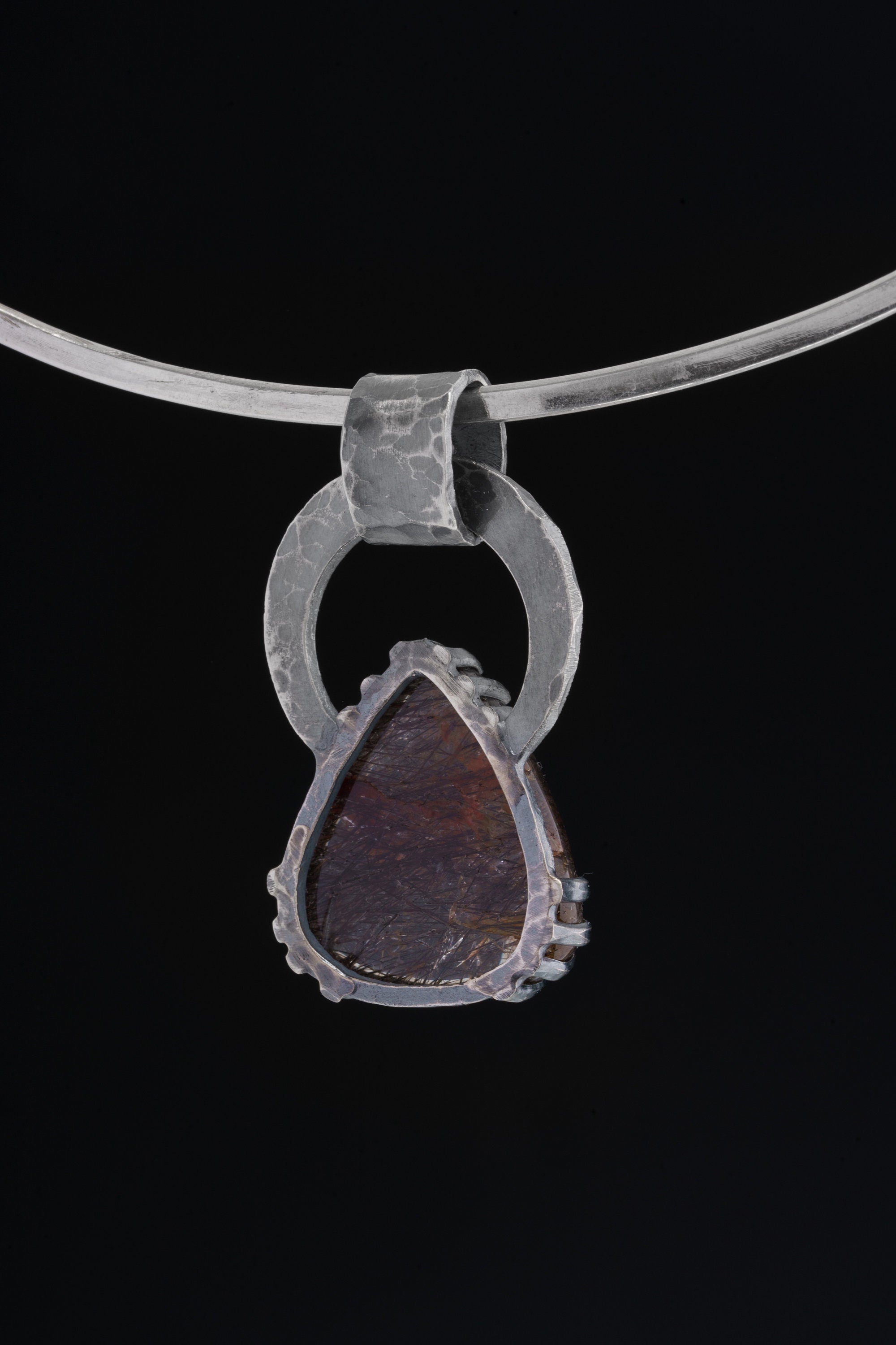 The Amethyst Odyssey: Black Rutile Quartz and Gem Amethyst - Oxidised Hammered Sterling Silver - Claw Set Pendant