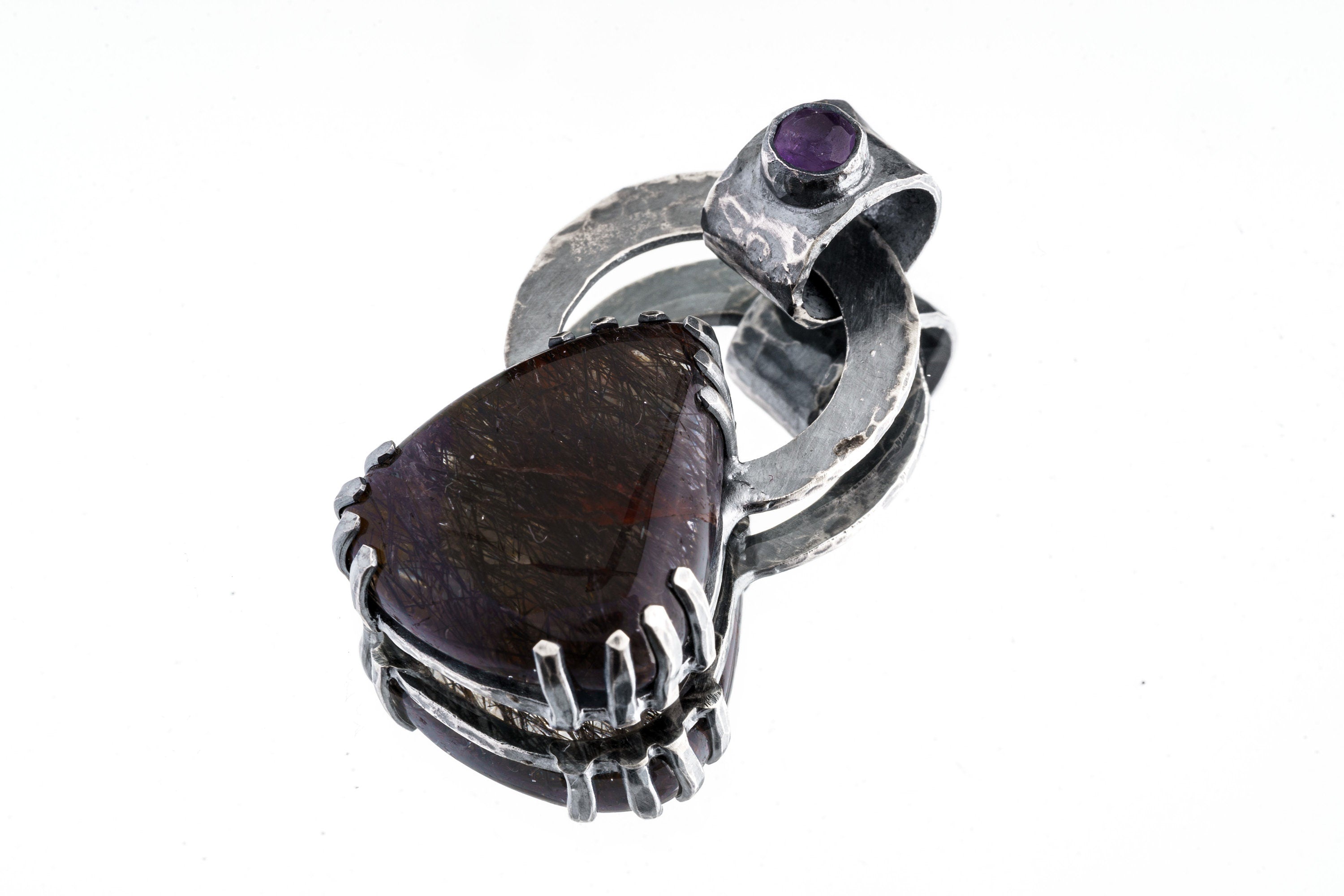 The Amethyst Odyssey: Black Rutile Quartz and Gem Amethyst - Oxidised Hammered Sterling Silver - Claw Set Pendant