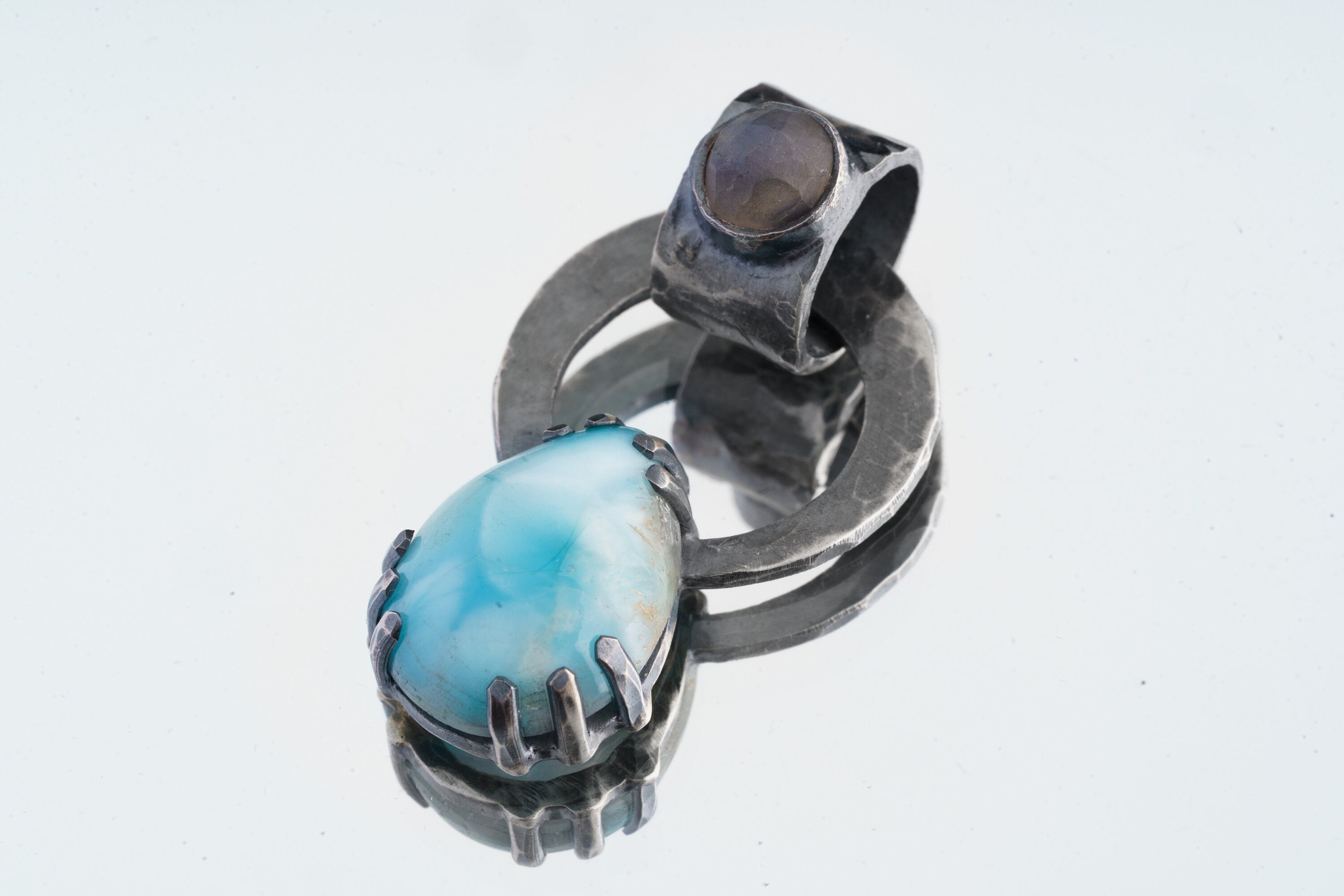 Larimar & Blue Moonstone - Oxidised Hammered Sterling Silver - Claw Set Pendant