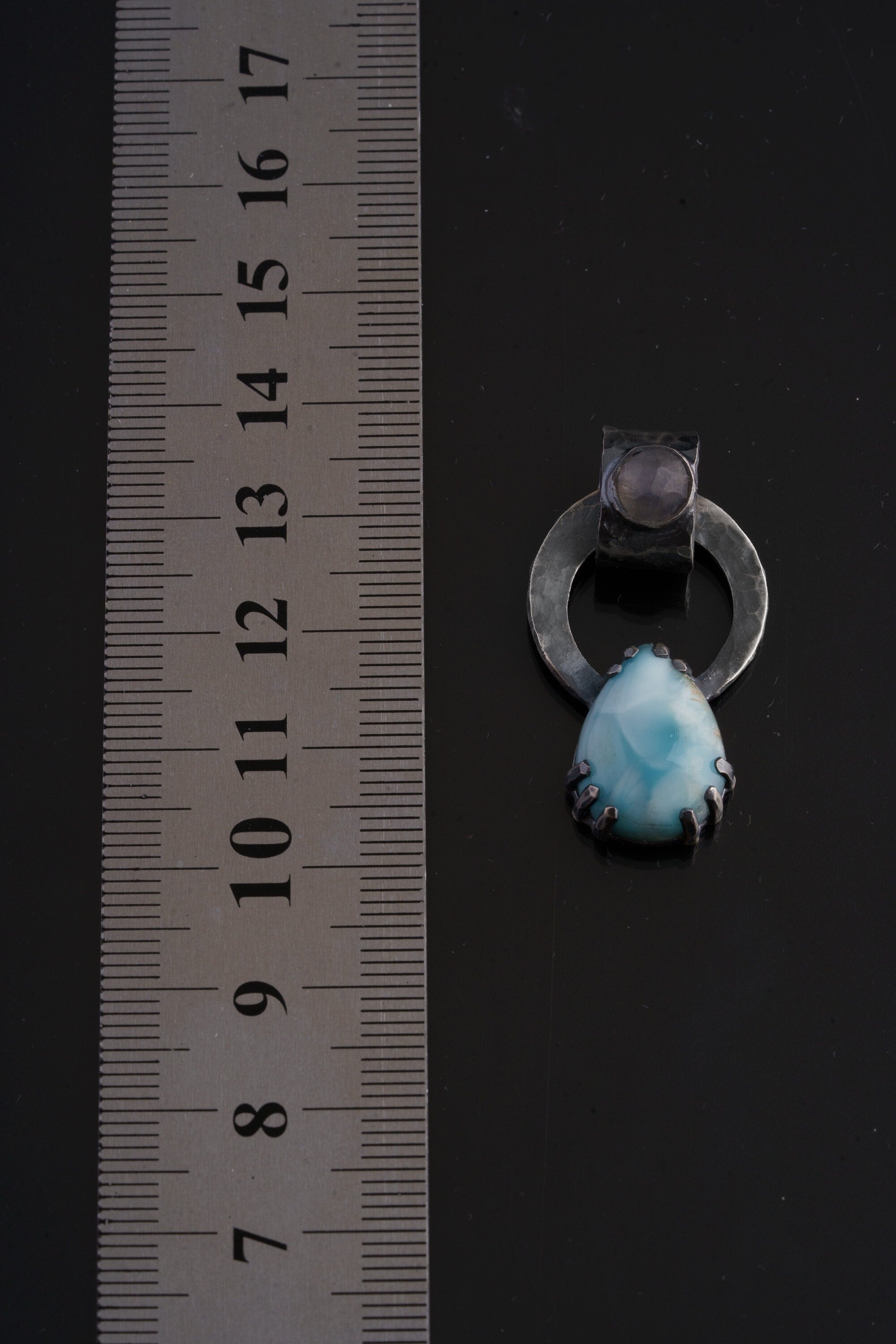 Larimar & Blue Moonstone - Oxidised Hammered Sterling Silver - Claw Set Pendant