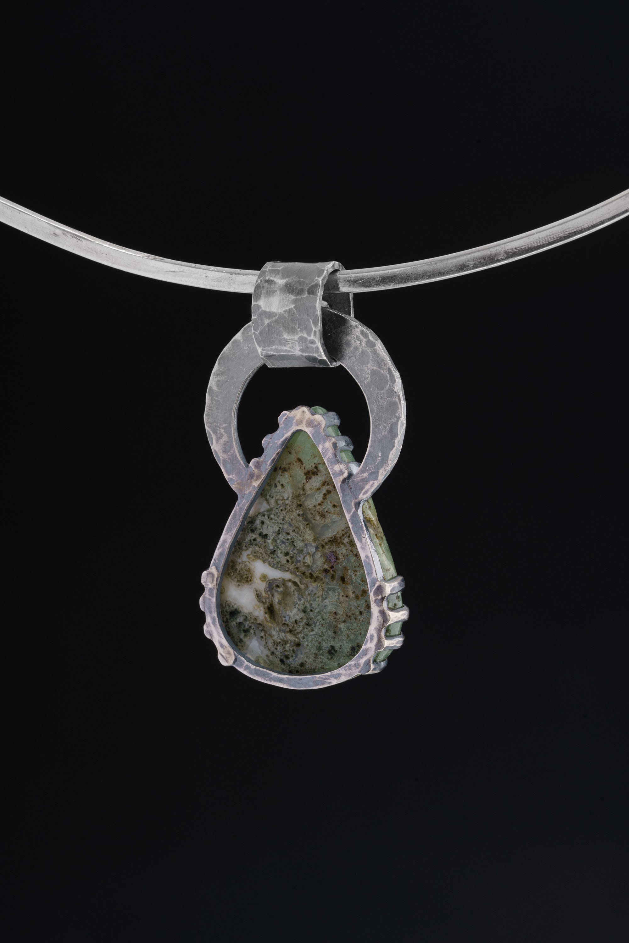 Moss Agate & Cat Eye Moonstone - Oxidised Hammered Sterling Silver - Claw Set Pendant