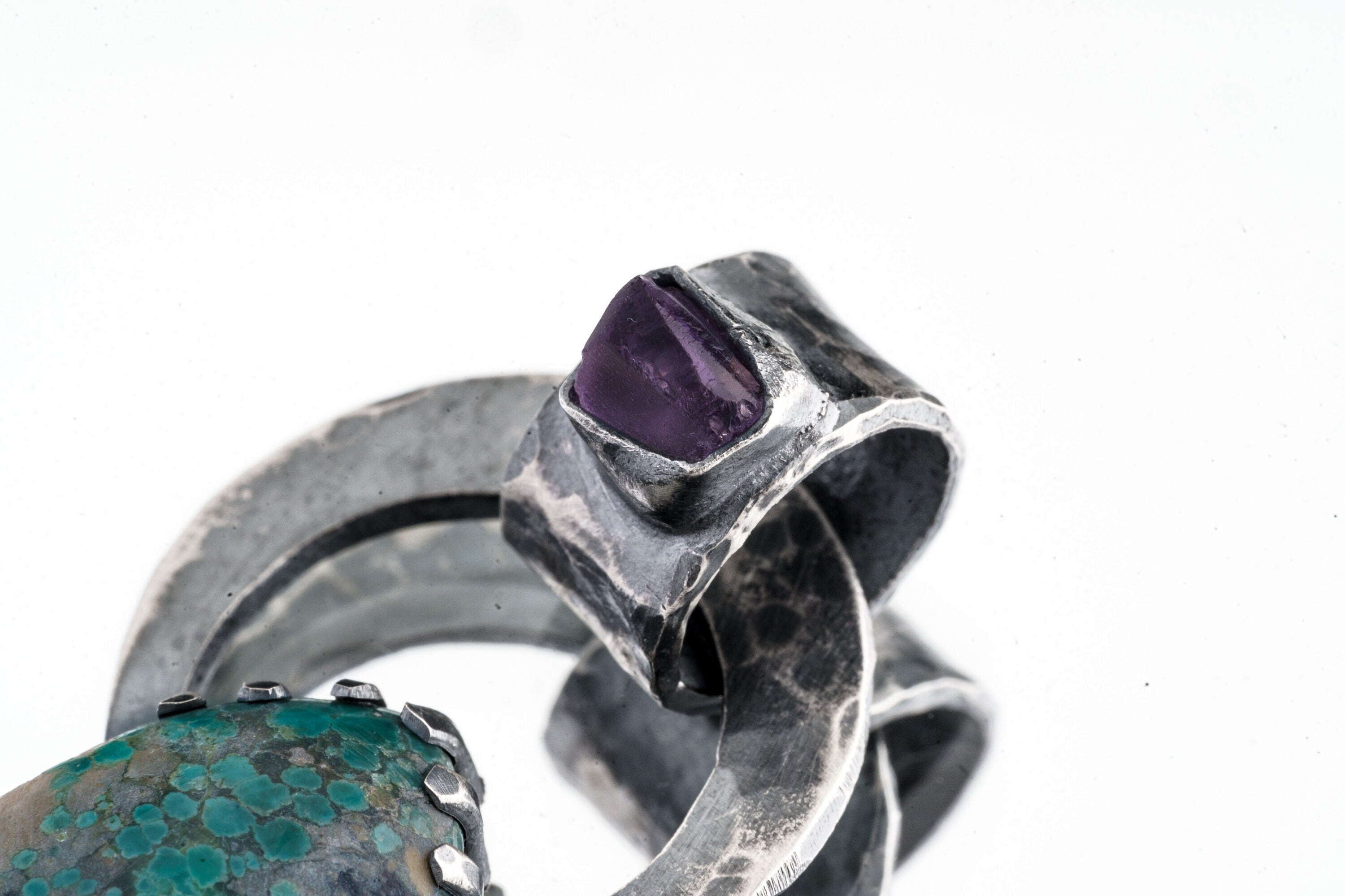 Rare Himalayan Turquoise & Raw Amethyst - Oxidised Hammered Sterling Silver - Claw Set Pendant