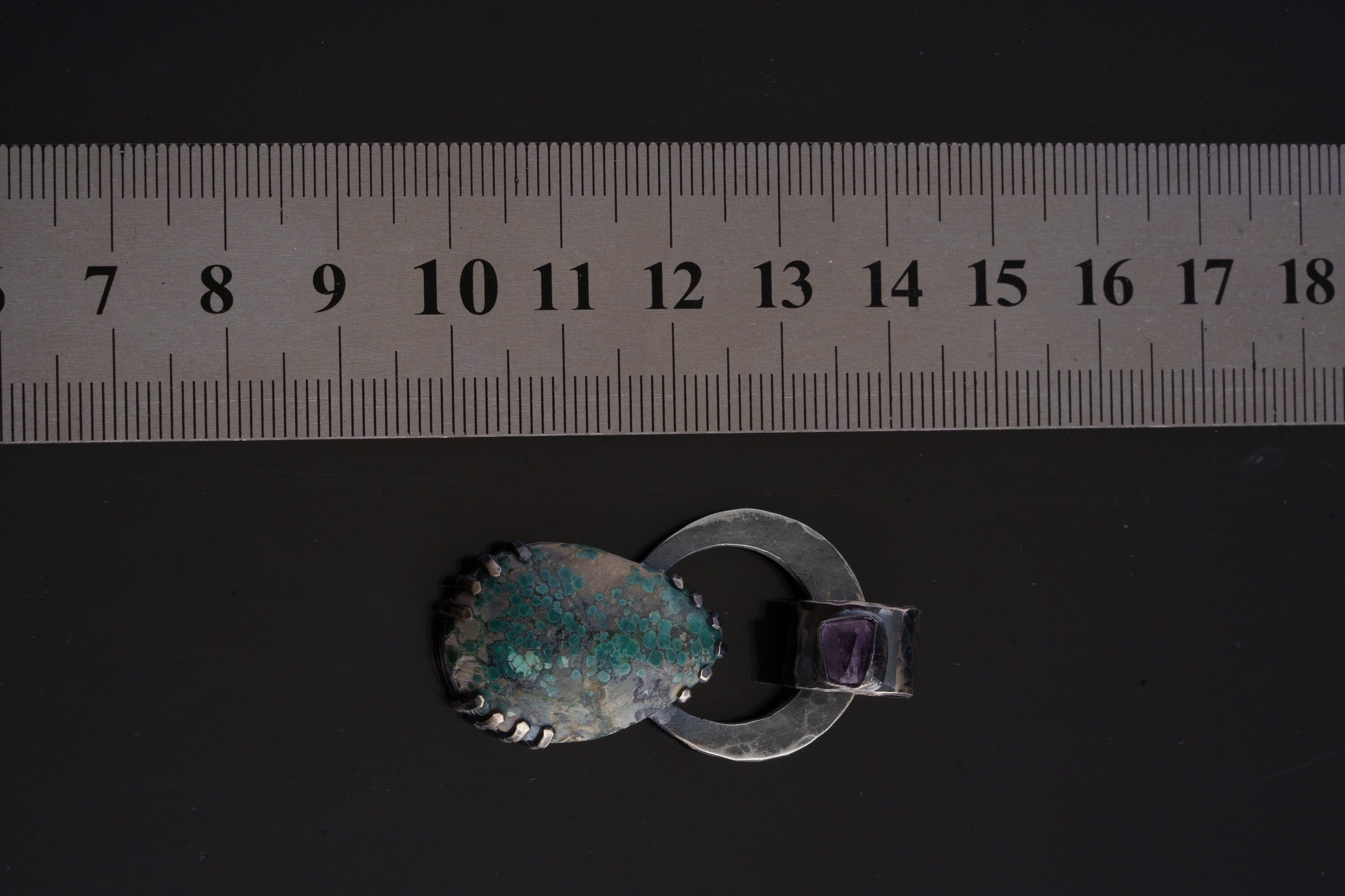 Rare Himalayan Turquoise & Raw Amethyst - Oxidised Hammered Sterling Silver - Claw Set Pendant