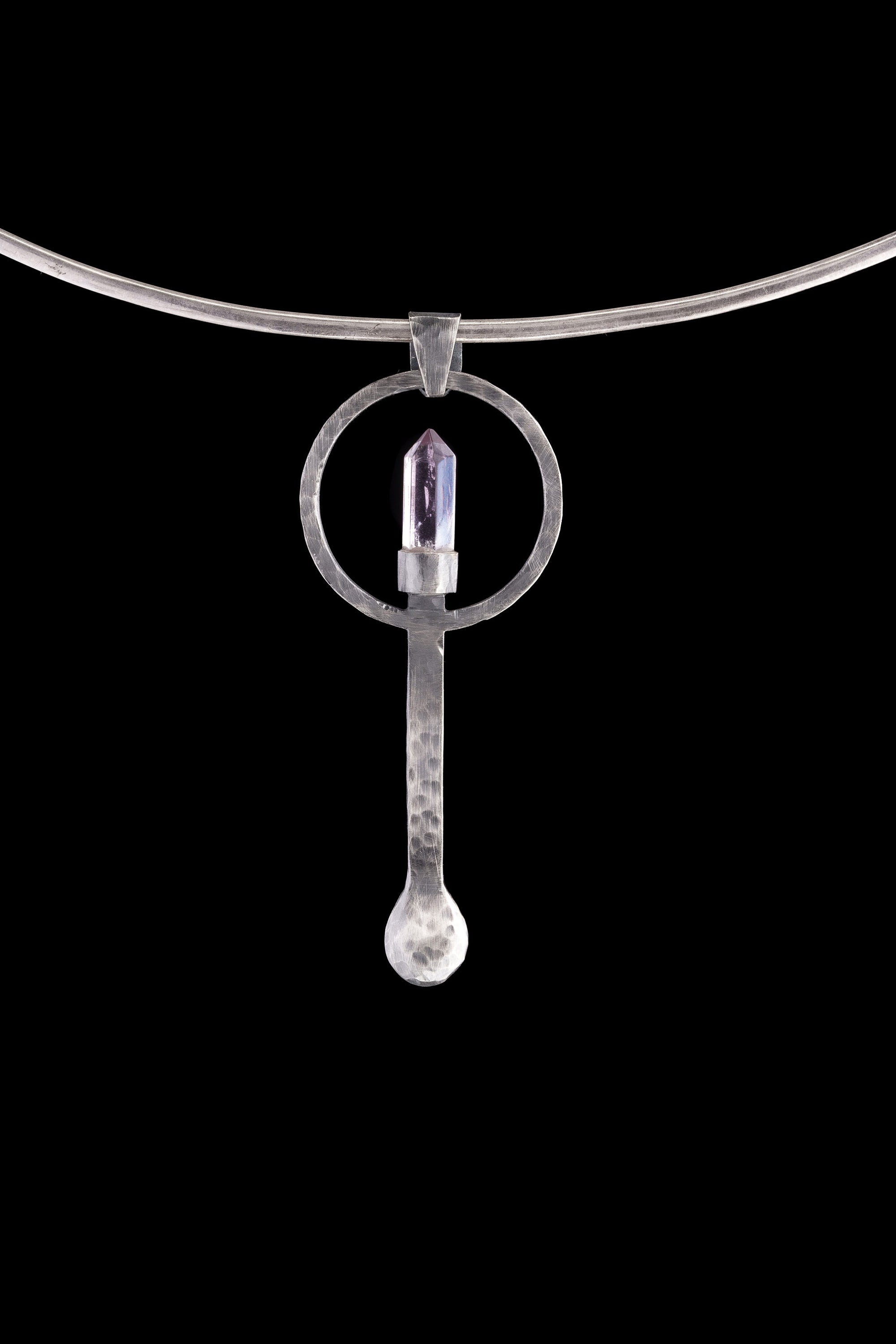 Cut Amethyst Generator Point - Spice / Ceremonial Spoon - 925 Cast Silver - Oxidised Hammered Textured - Crystal Pendant Necklace