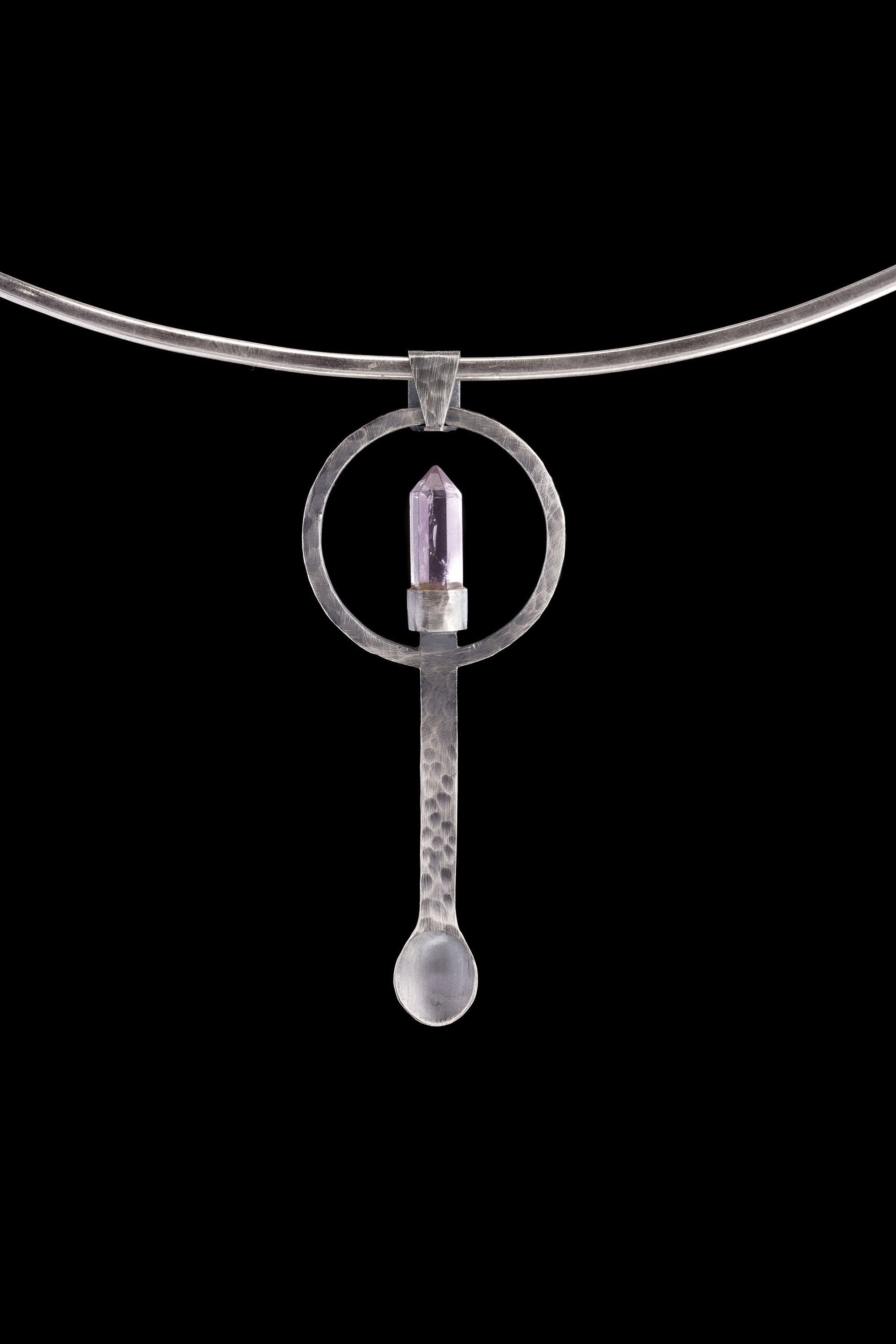 Cut Amethyst Generator Point - Spice / Ceremonial Spoon - 925 Cast Silver - Oxidised Hammered Textured - Crystal Pendant Necklace