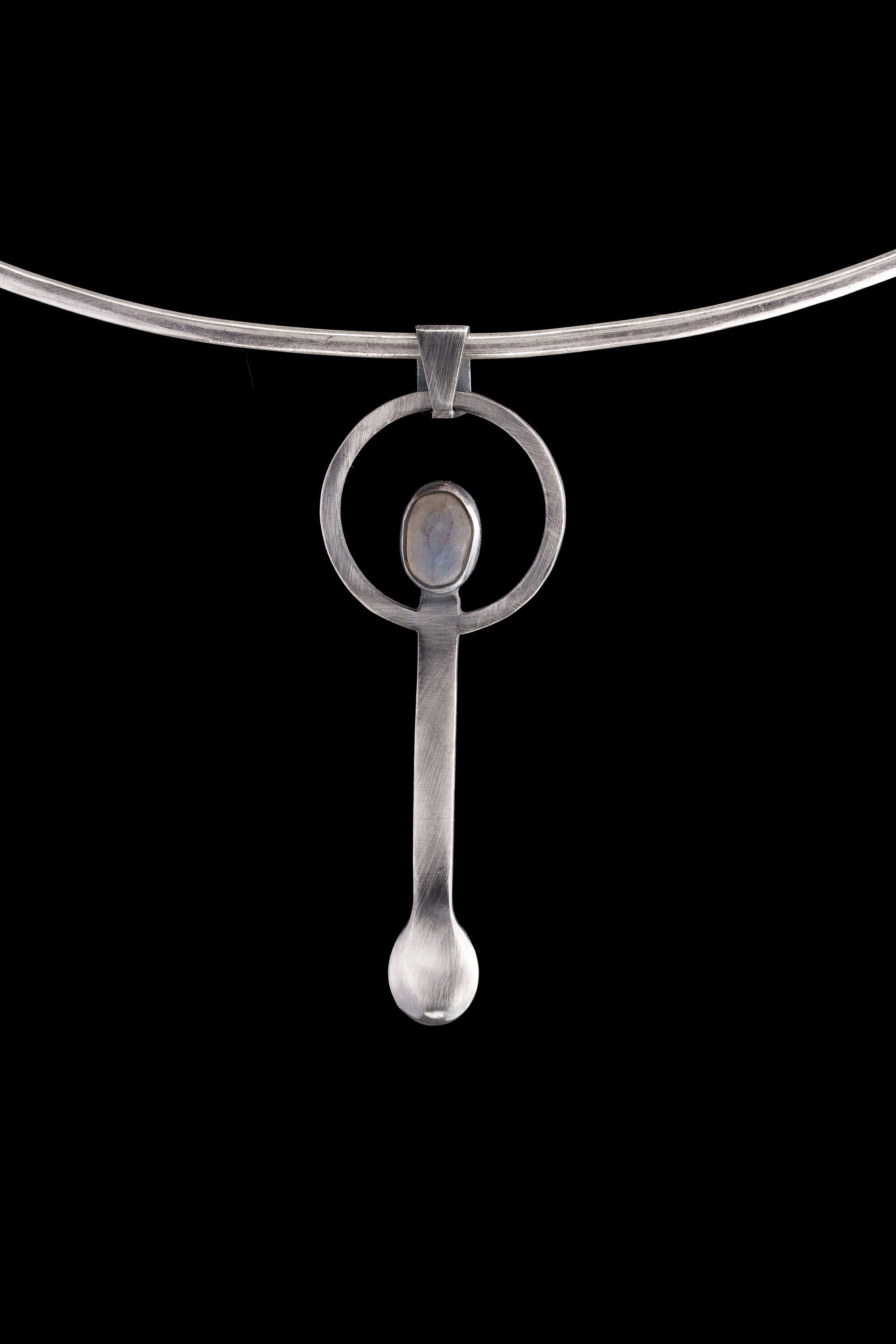 Semi Polished Blue Moonstone - Small Spice Spoon - Solid 925 Cast Silver - Oxidised Brush Textured - Crystal Pendant Necklace