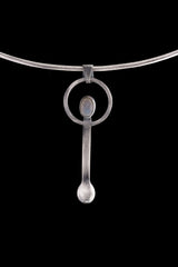 Semi Polished Blue Moonstone - Small Spice Spoon - Solid 925 Cast Silver - Oxidised Brush Textured - Crystal Pendant Necklace
