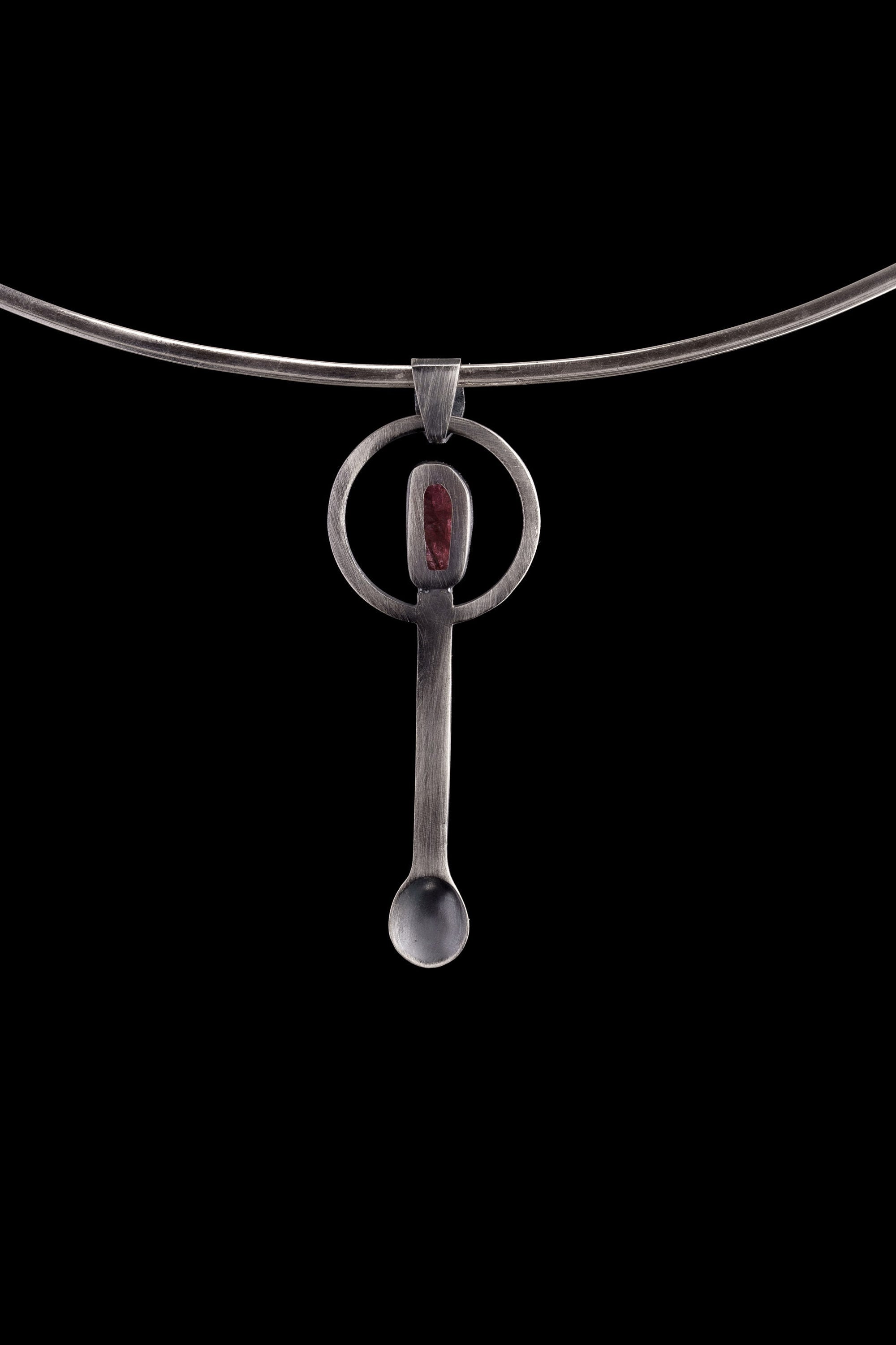 Rubilite Tourmaline - Spice / Ceremonial Spoon - 925 Cast Silver - Oxidised Brush Texture - Crystal Pendant Necklace