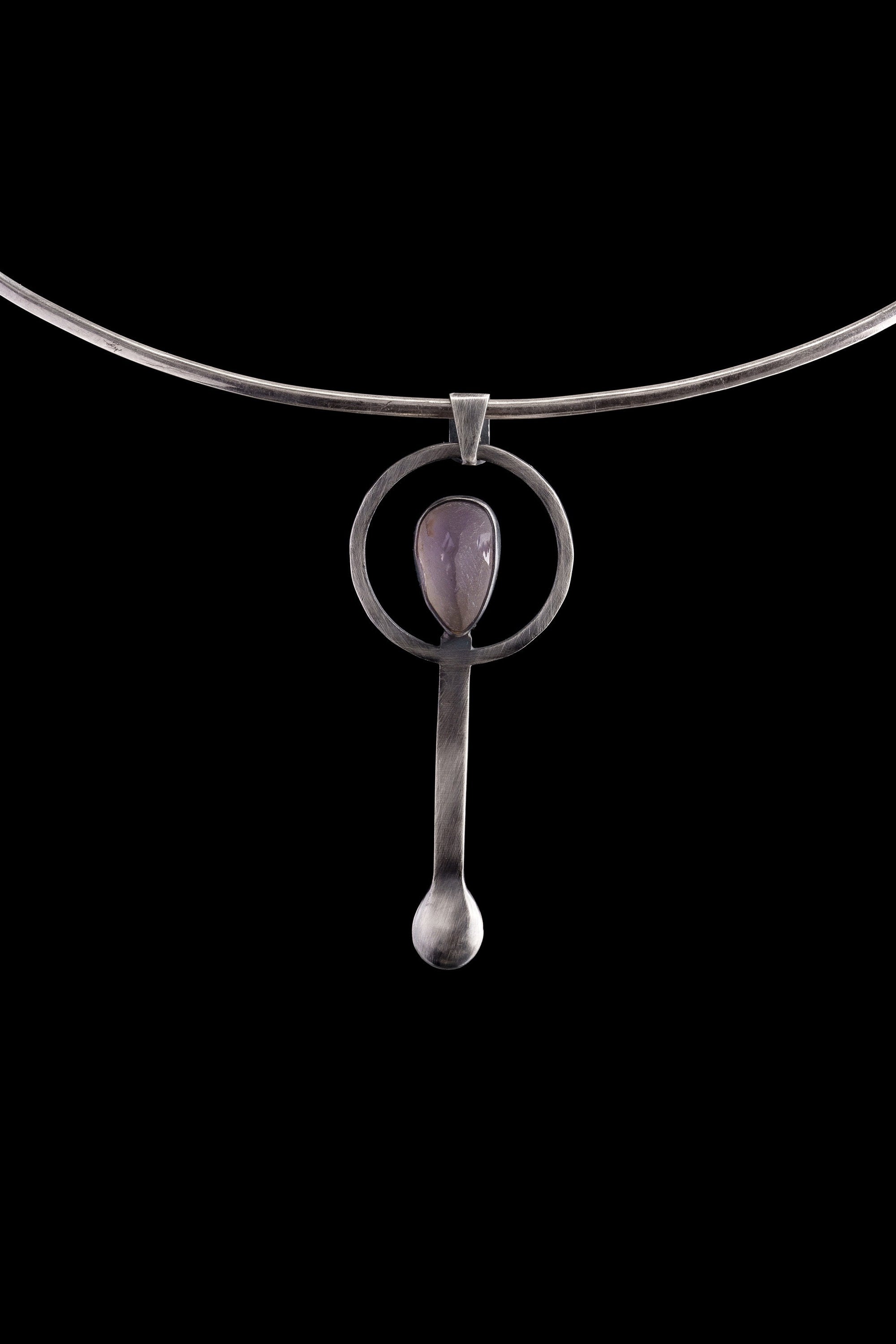 Raw Amethyst Cabochon - Spice / Ceremonial Spoon - 925 Cast Silver - Oxidised Brush and Hammered Textured - Crystal Pendant Necklace