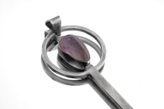 Raw Amethyst Cabochon - Spice / Ceremonial Spoon - 925 Cast Silver - Oxidised Brush and Hammered Textured - Crystal Pendant Necklace