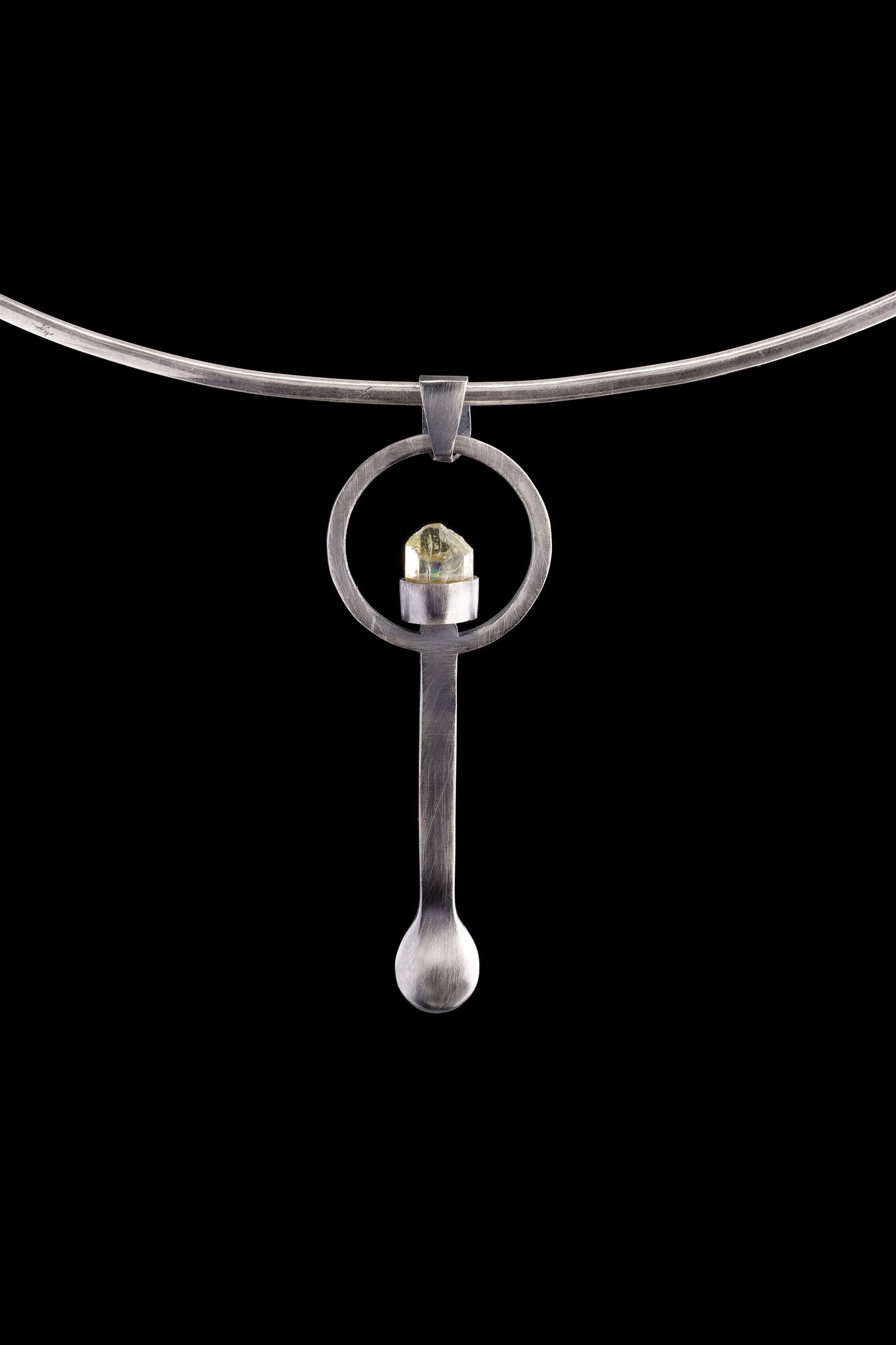 Yellow Terminated Gem Apatite - Spice / Ceremonial Spoon - 925 Cast Silver - Unique Brush Texture - Crystal Pendant Necklace